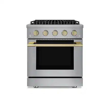 Front. Hauslane - HausPro 30 in. 4 Burners Gas Range in Satin Brass with 20,000 BTU and Convection Oven with 5 Rack Positions - Satin Brass.