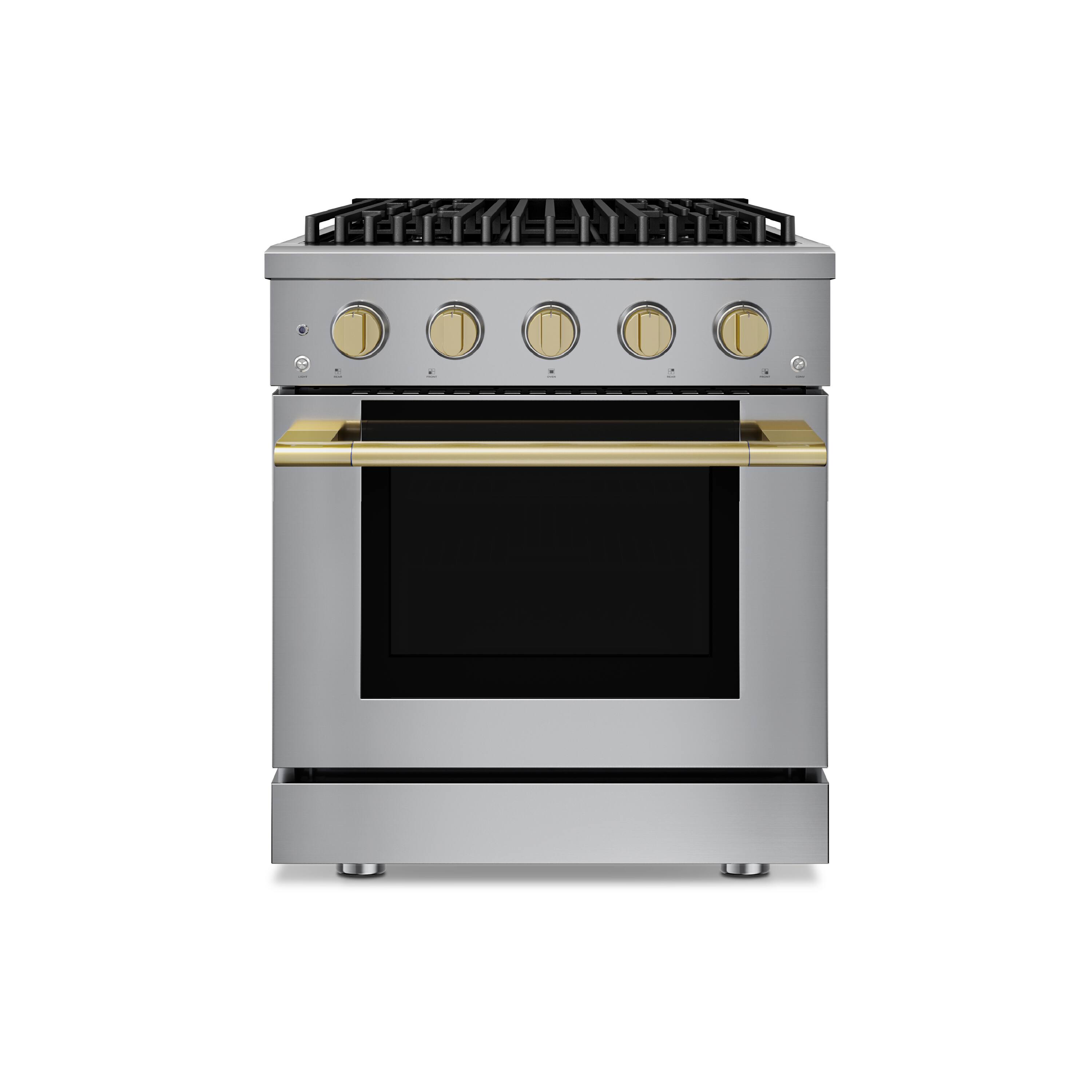 Front. Hauslane - HausPro 30 in. 4 Burners Gas Range in Satin Brass with 20,000 BTU and Convection Oven with 5 Rack Positions - Satin Brass.