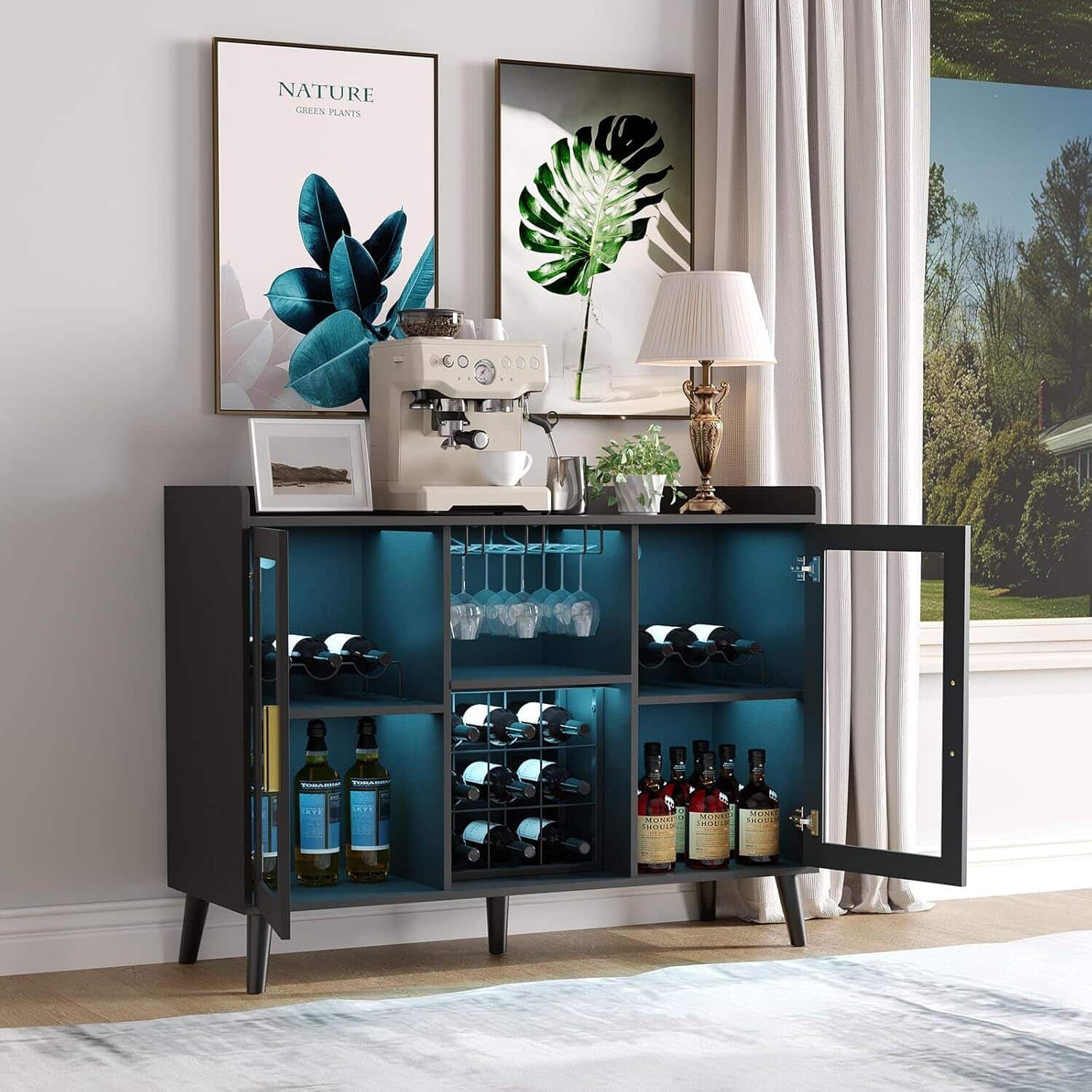 GARVEE - Freestanding Liquor Cabinet with LED Light Wine Bar Cabinet for Home Wine and Coffee Bar with Wine Rack - Black