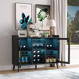 GARVEE - Freestanding Liquor Cabinet with LED Light Wine Bar Cabinet for Home Wine and Coffee Bar with Wine Rack - Black