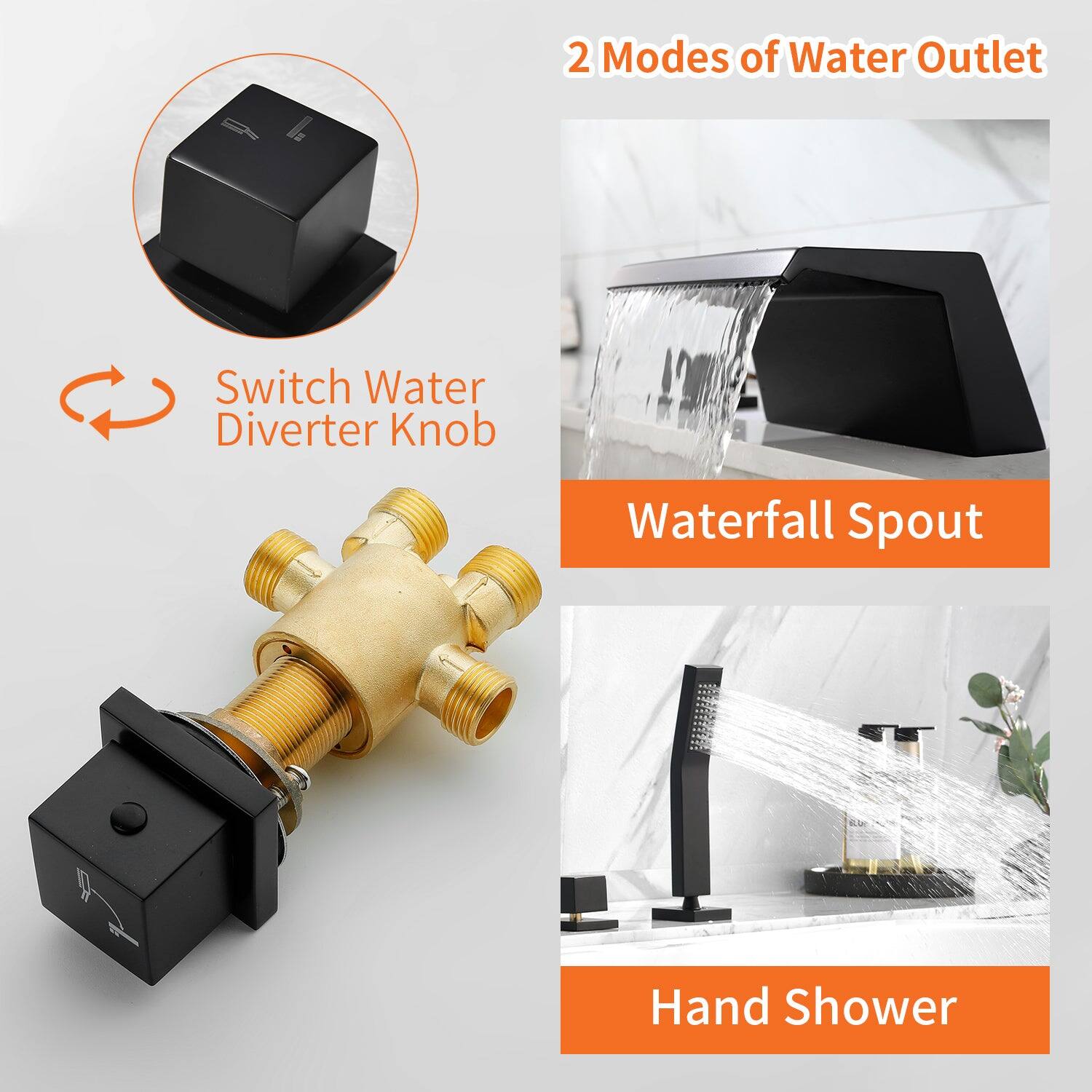 2 Modes of Water Outlet

Switch Water Diverter Knob

Waterfall Spout

Hand Shower