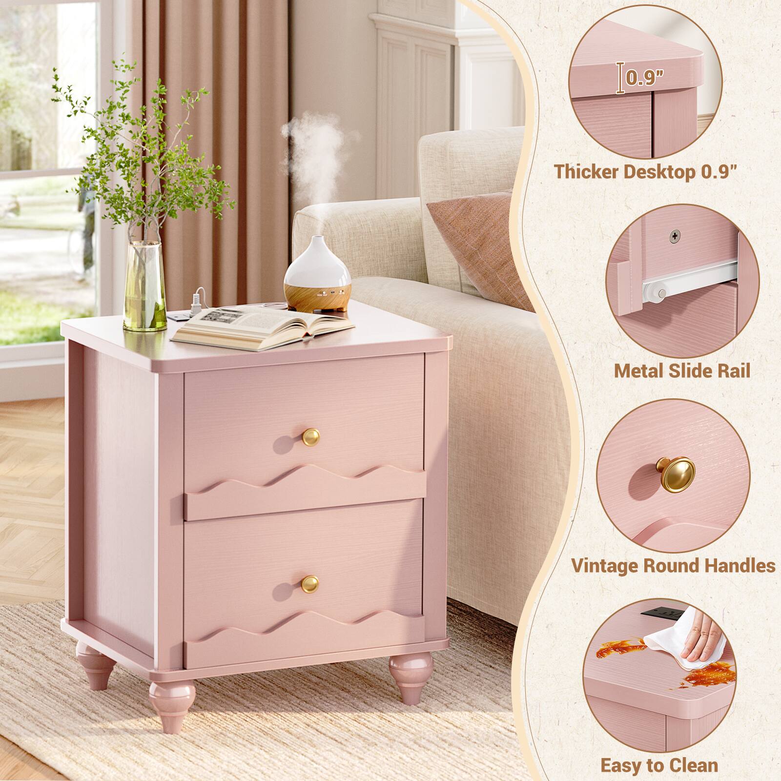 0.9" Thicker Desktop 0.9" Metal Slide Rail Vintage Round Handles Easy to Clean