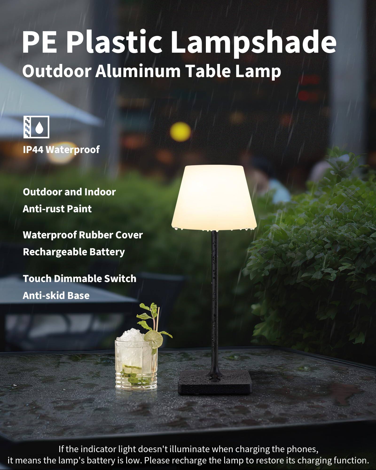 PE Plastic Lampshade  
Outdoor Aluminum Table Lamp  

IP44 Waterproof  

Outdoor and Indoor  
Anti-rust Paint  
Waterproof Rubber Cover  
Rechargeable Battery  
Touch Dimmable Switch  
Anti-skid Base  

If the indicator light doesn't illuminate when charging the phones, it means the lamp's battery is low. Please recharge the lamp to restore its charging function.