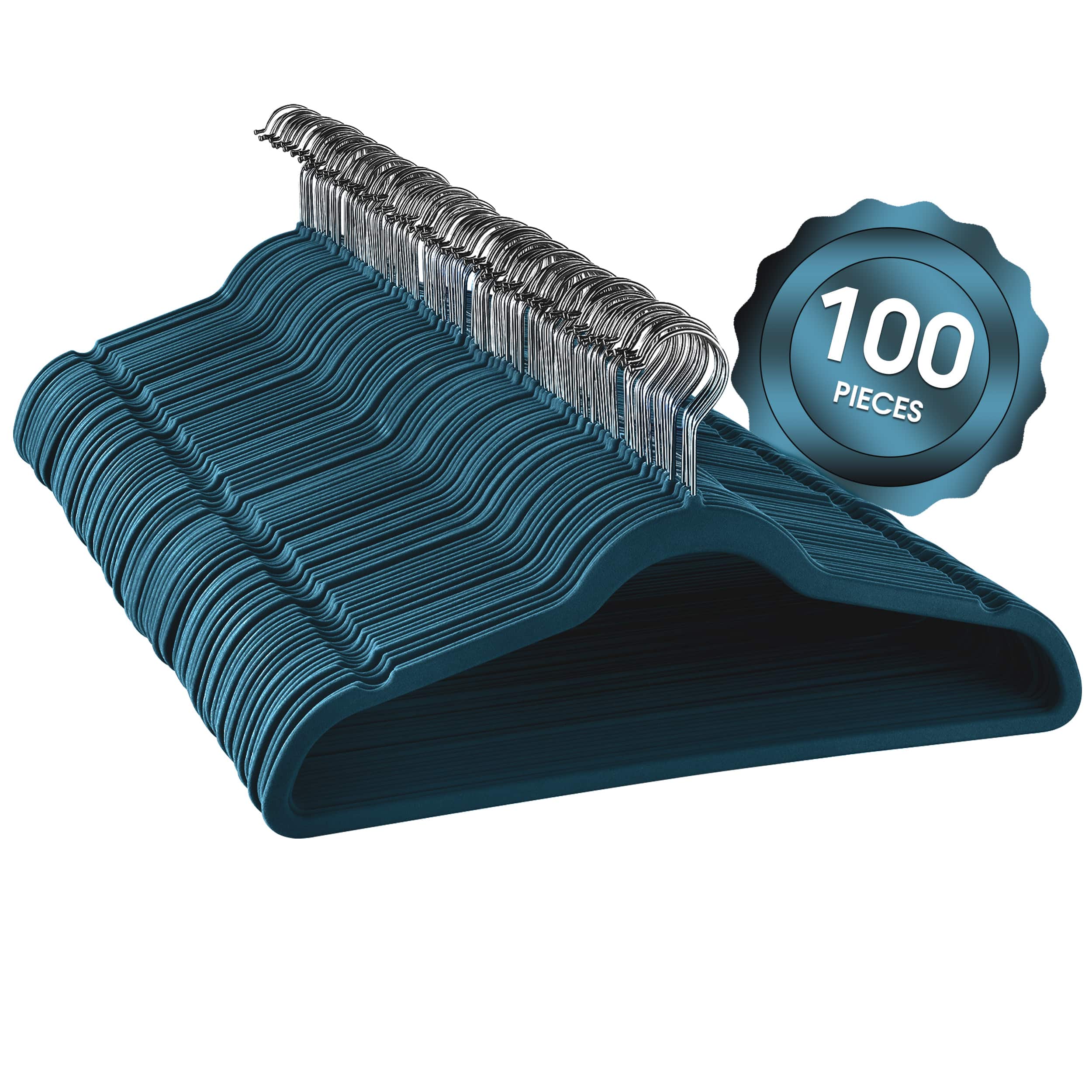 Elama - Home 100 Piece Velvet Slim Profile Heavy Duty Felt Hangers with Stainless Steel Swivel Hooks - Blue