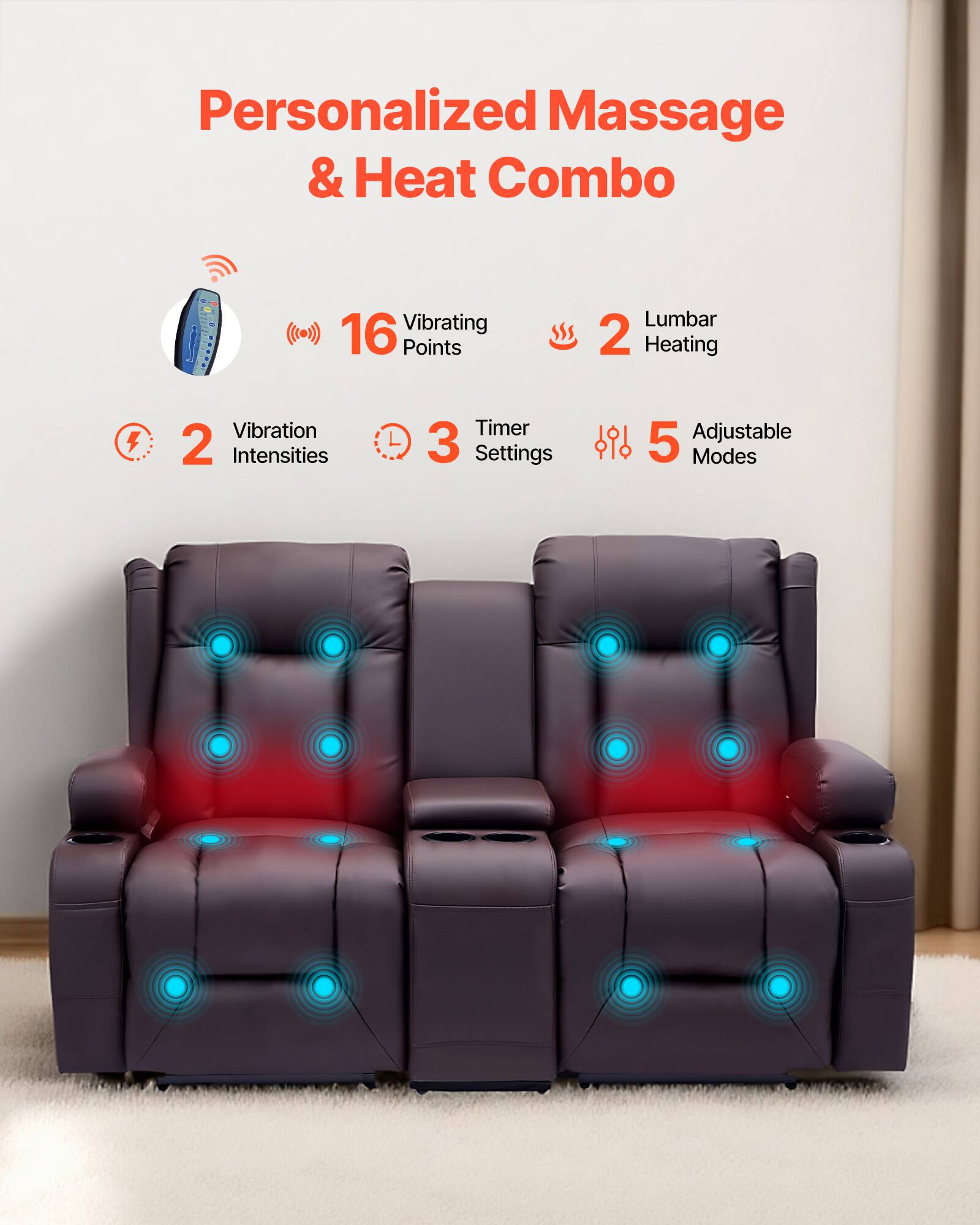 Personalized Massage & Heat Combo  
16 Vibrating Points  
2 Lumbar Heating  
2 Vibration Intensities  
3 Timer Settings  
5 Adjustable Modes