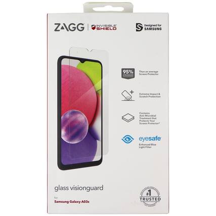 INVISIBLE ZAGG SHIELD
Designed for SAMSUNG
95% STRONGER Than an average Screen Protector
+ Extreme Impact & Scratch Protection
Contains Anti-Microbial Treatment that Protects Your Screen Protector
eyesafe Enhanced Blue Light Filter
glass visionguard for: Samsung Galaxy A03s
#1 TRUSTED