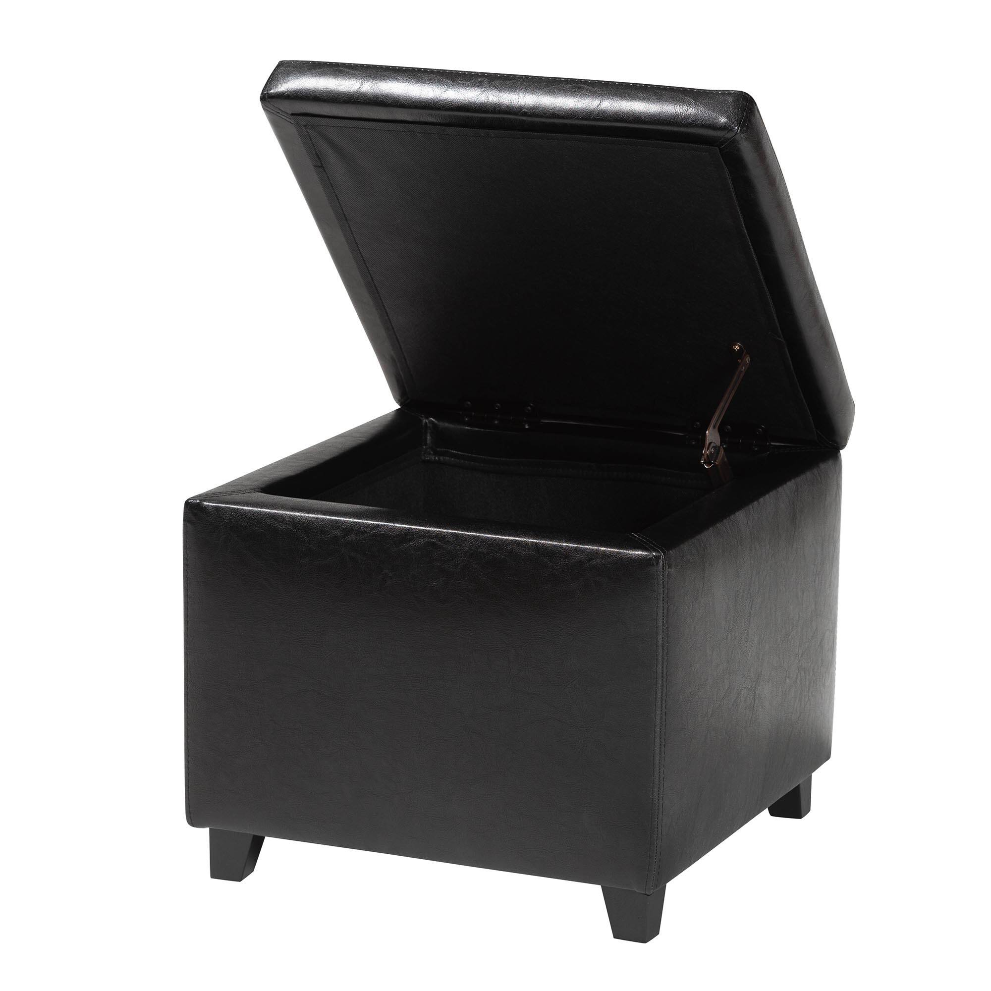 Angle. Baxton Studio - Full Leather Small Storage Cube Ottoman - Black.