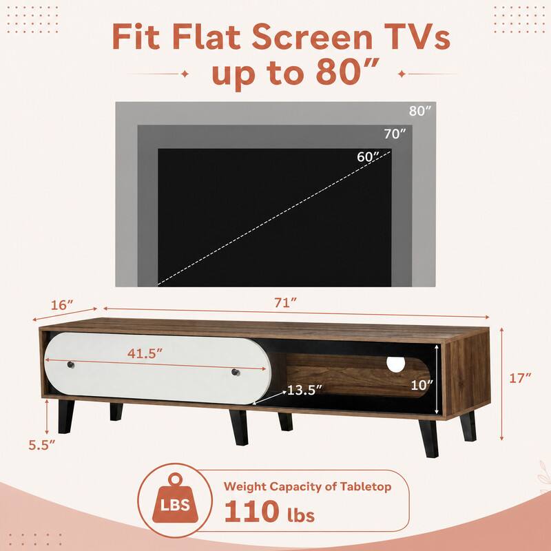 Fit Flat Screen TVs up to 80"  
70"  
60"  
16"  
71"  
41.5"  
13.5"  
10"  
17"  
5.5"  
LBS  
Weight Capacity of Tabletop 110 lbs
