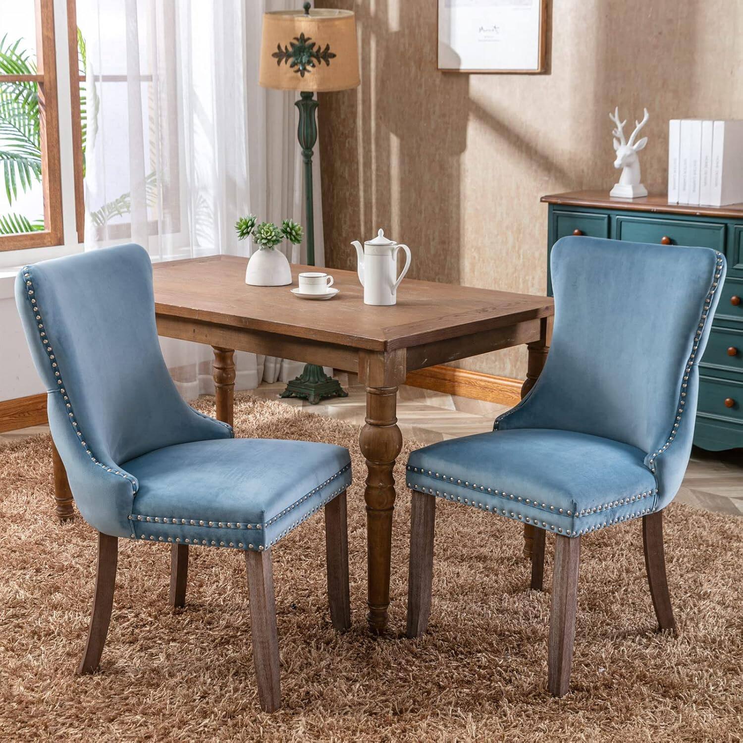 Trinkets Crazed - Upholstered Wing-Back Dining Chair with Backstitching Nailhead Trim and Solid Wood Legs,Set of 2 - light blue