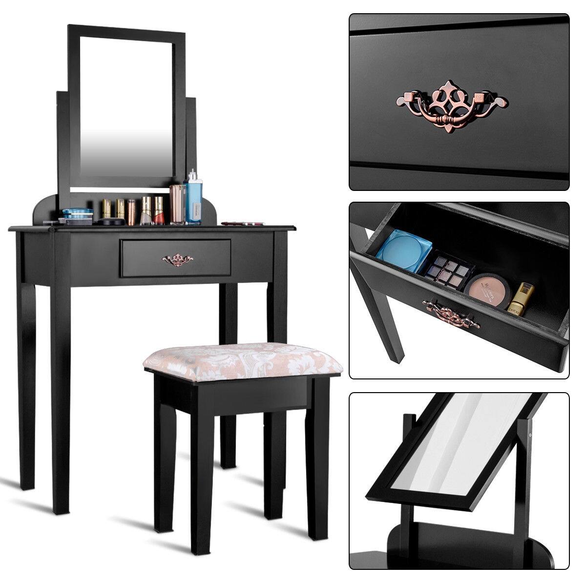 Alt View 3. Ecooso - Vanity Dressing Desk with Wide Mirror, Soft Stool and Spacious Surface for Beauty Essentials - Black.