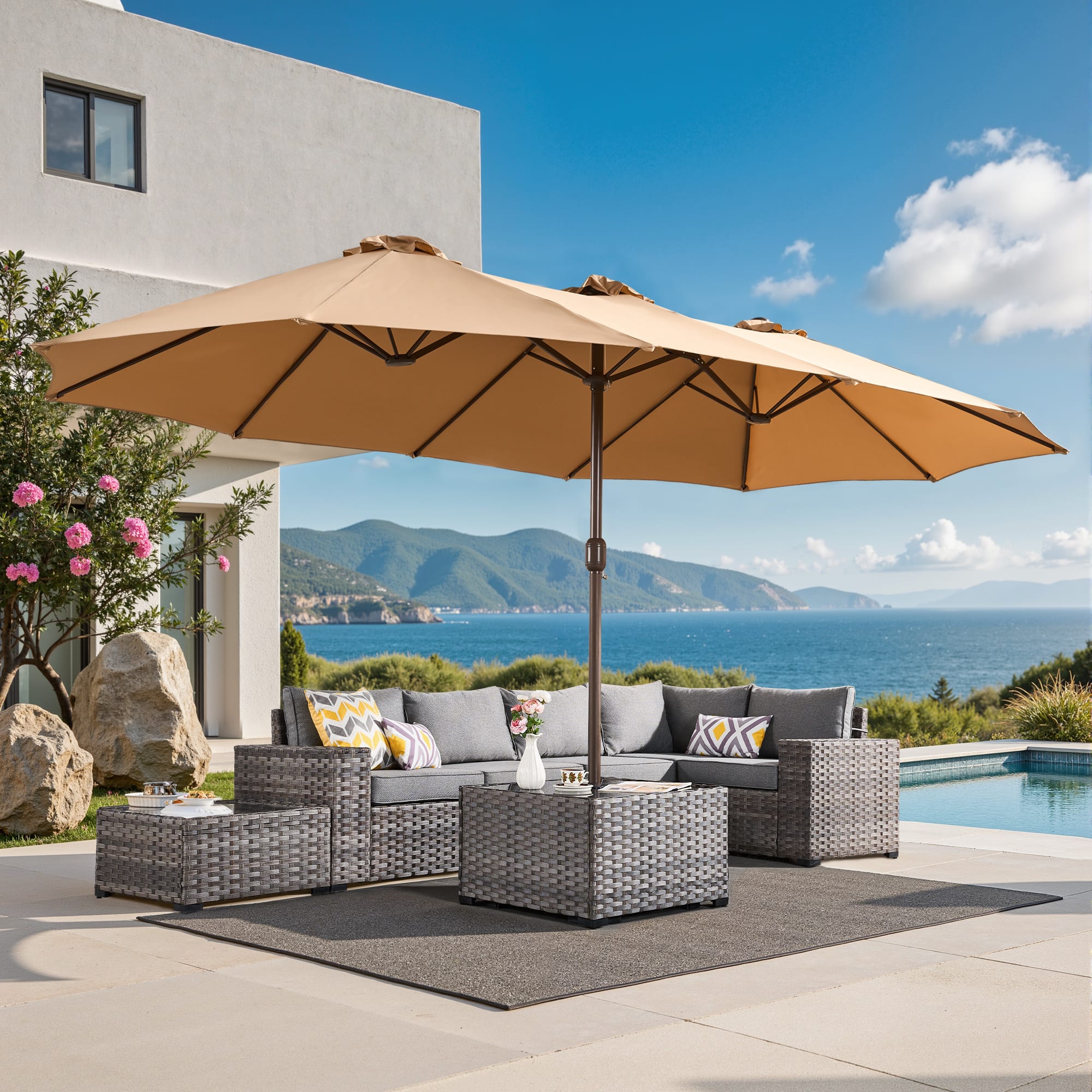 Ovios - 15ft Large Patio Umbrella with Base Double-Sided Outdoor Rectangle Umbrella for Market Deck & Backyard - Khaki