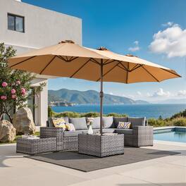 Ovios - 15ft Large Patio Umbrella with Base Double-Sided Outdoor Rectangle Umbrella for Market Deck & Backyard - Khaki
