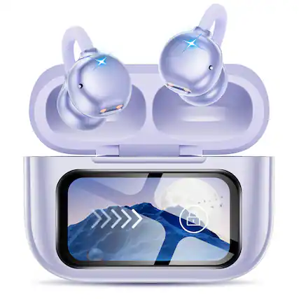 Front. Trigiz - Open-Ear Wireless Clip-On Earbuds with Touch Screen, 60H Playtime, Bluetooth 6.0, IPX7 Waterproof, Secure Fit for Runnig - Purple.