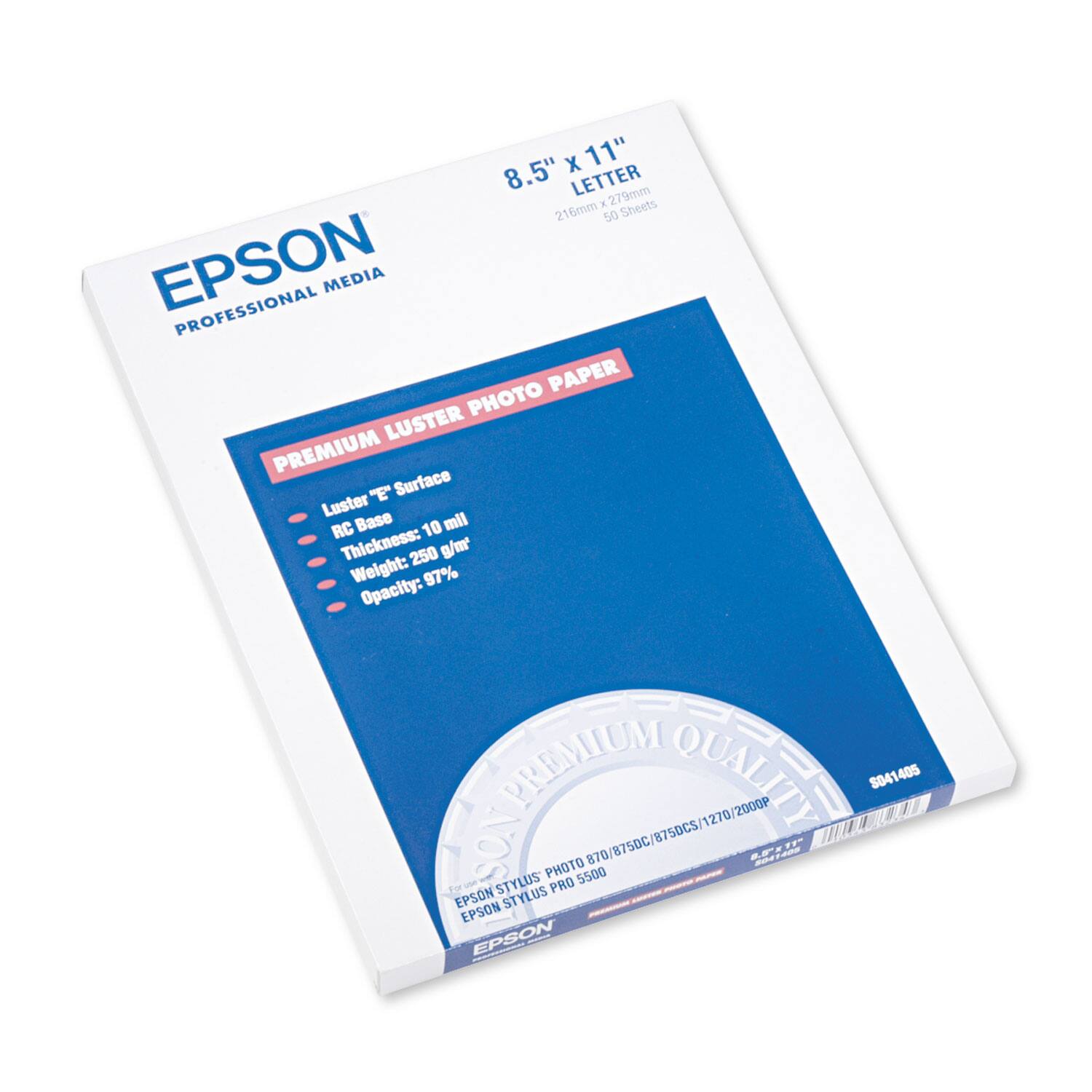 X 11" 8.5" LETTER 216mm x 279mm 50 Sheets EPSON PROFESSIONAL MEDIA PAPER PHOTO LUSTER PREMIUM E Surface Luster RC Base 10 mil Thickness: 250 g/m Weight: 97% Opacity: PREMIUM QUALITY 2000P $041 405 1270 8750CS 870/8750C 870 AF - - . Fe EPSON STYLUS PHOTO PRO 5500 EPSON EPSON