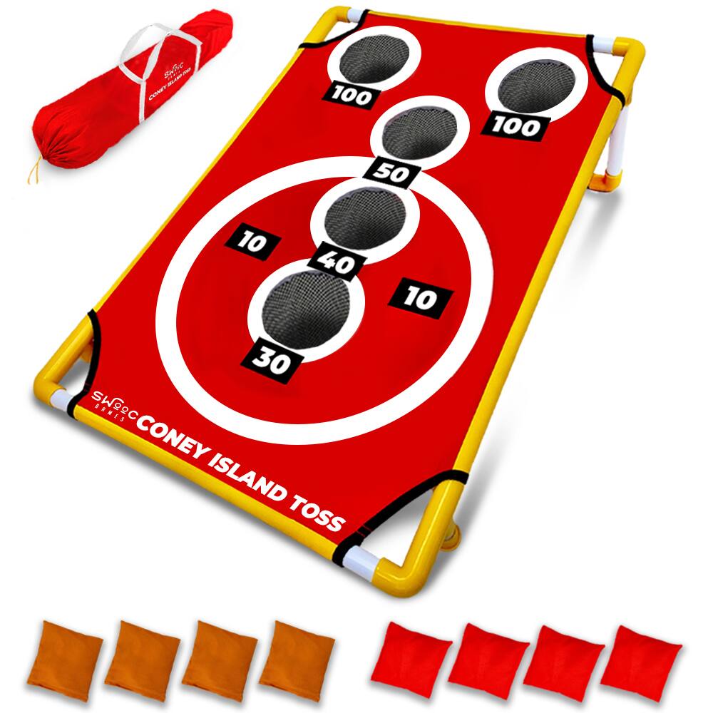 Swooc Games - Coney Island Toss - Boardwalk Inspired Cornhole Bounce Game (15+ Games Included) - PVC Corn Hole Bean Bag Toss Game - Red