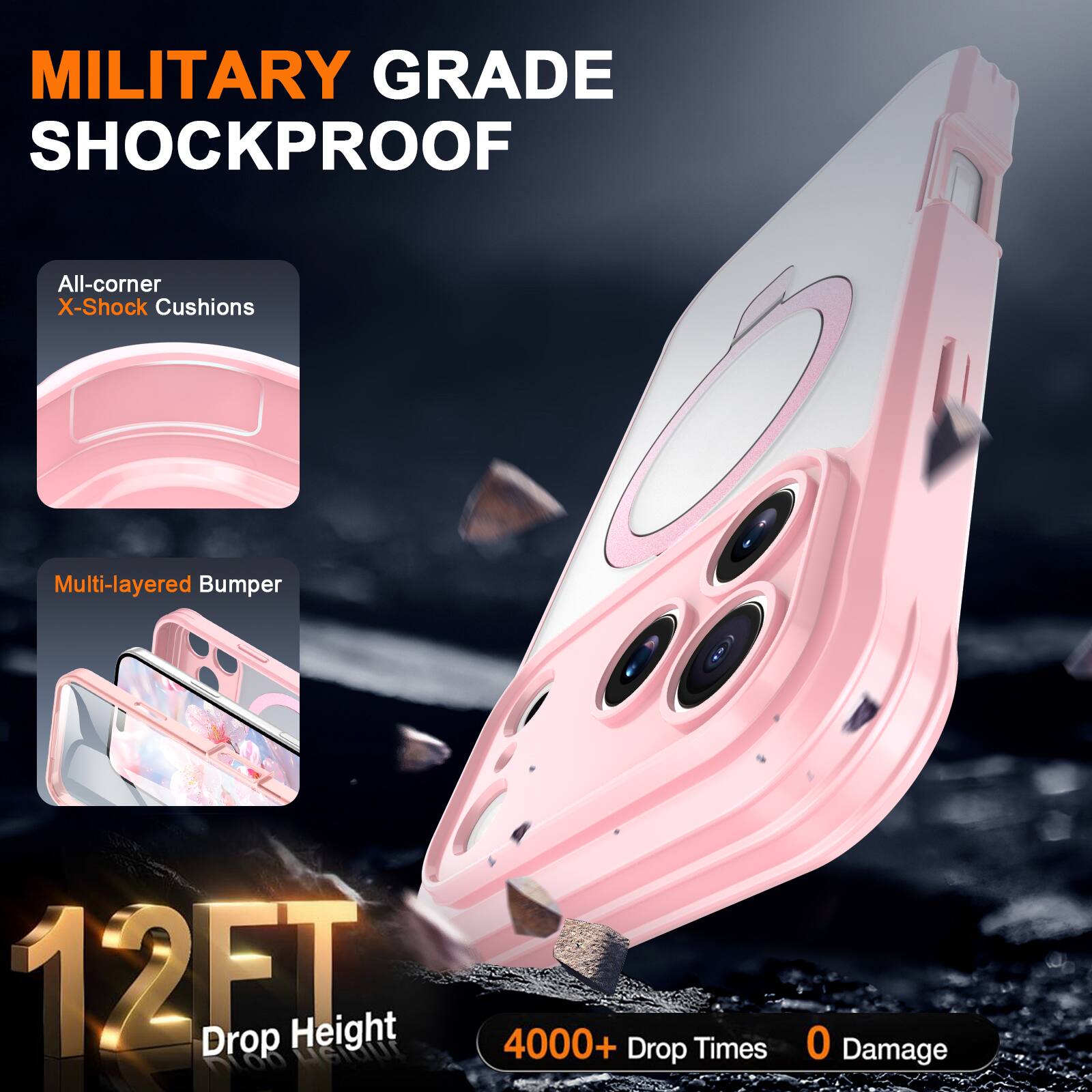 MILITARY GRADE SHOCKPROOF

All-corner X-Shock Cushions

Multi-layered Bumper

12FT Drop Height

4000+ Drop Times

0 Damage
