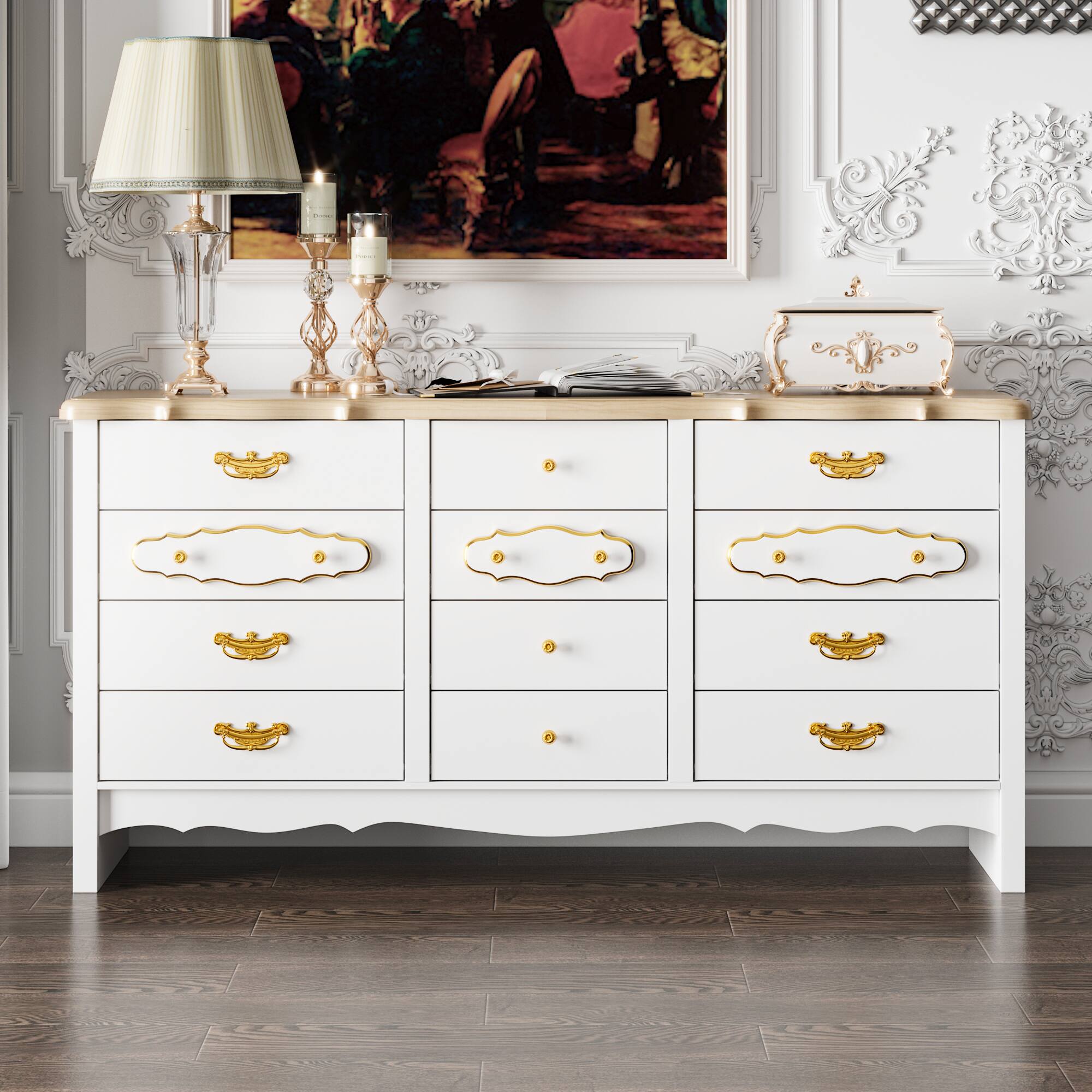 Front. FUFU&GAGA - French Court-Style Nine-Drawer Storage Dresser – A Fusion of Luxurious Aesthetics and Practical Storage - White.