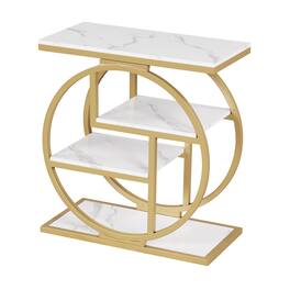 Costway - 1 PCS Faux Marble Side Table with Geometric Metal Frame for Bedroom, Hallway, Foyer - White + Gold