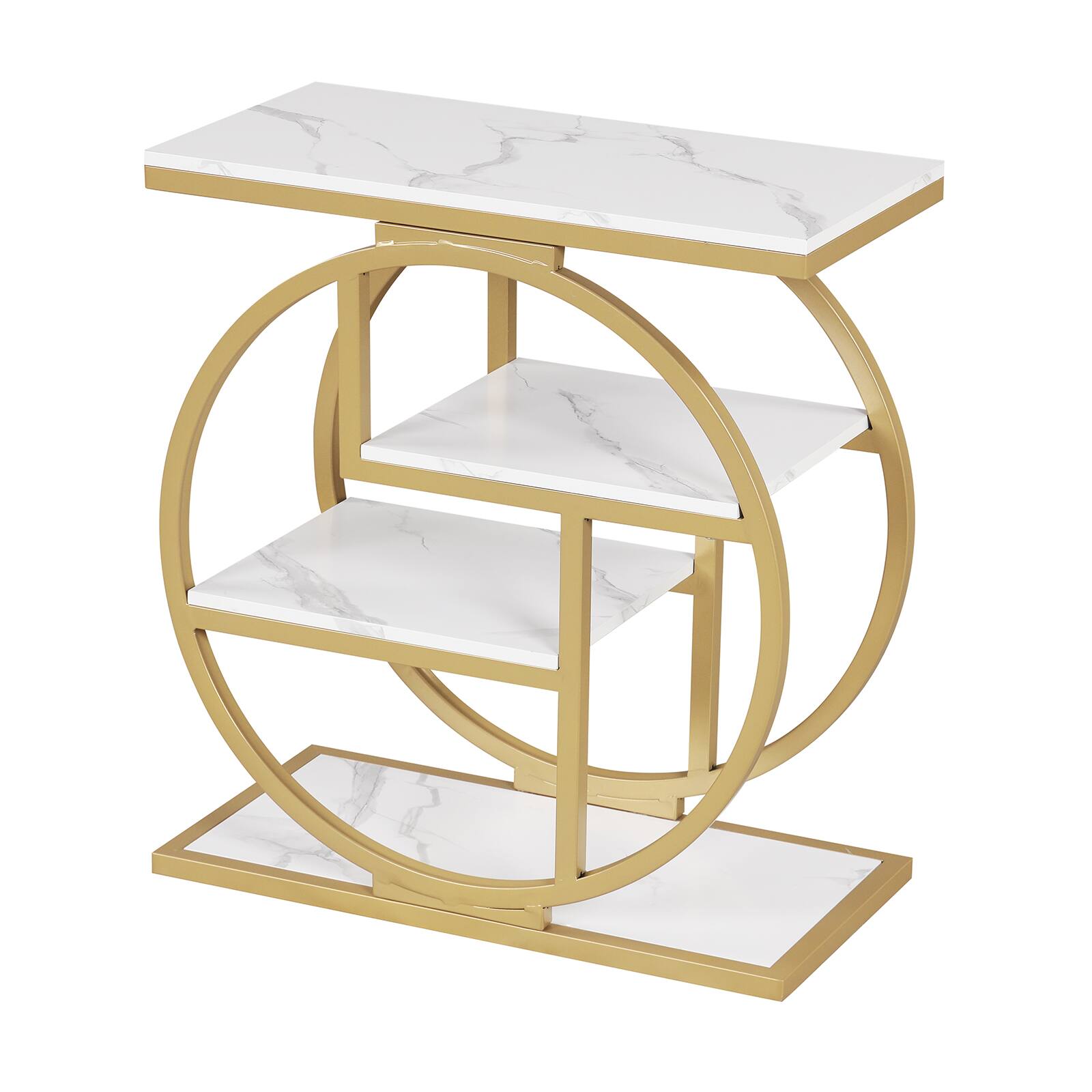 Front. Costway - Costway 1 PCS Faux Marble Side Table with Geometric Metal Frame for Bedroom, Hallway, Foyer - White + Gold.