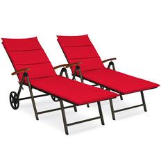 Front. Costway - 2PCS Aluminum Rattan Lounger Recliner 5-Position Adjustable Chair - Red.