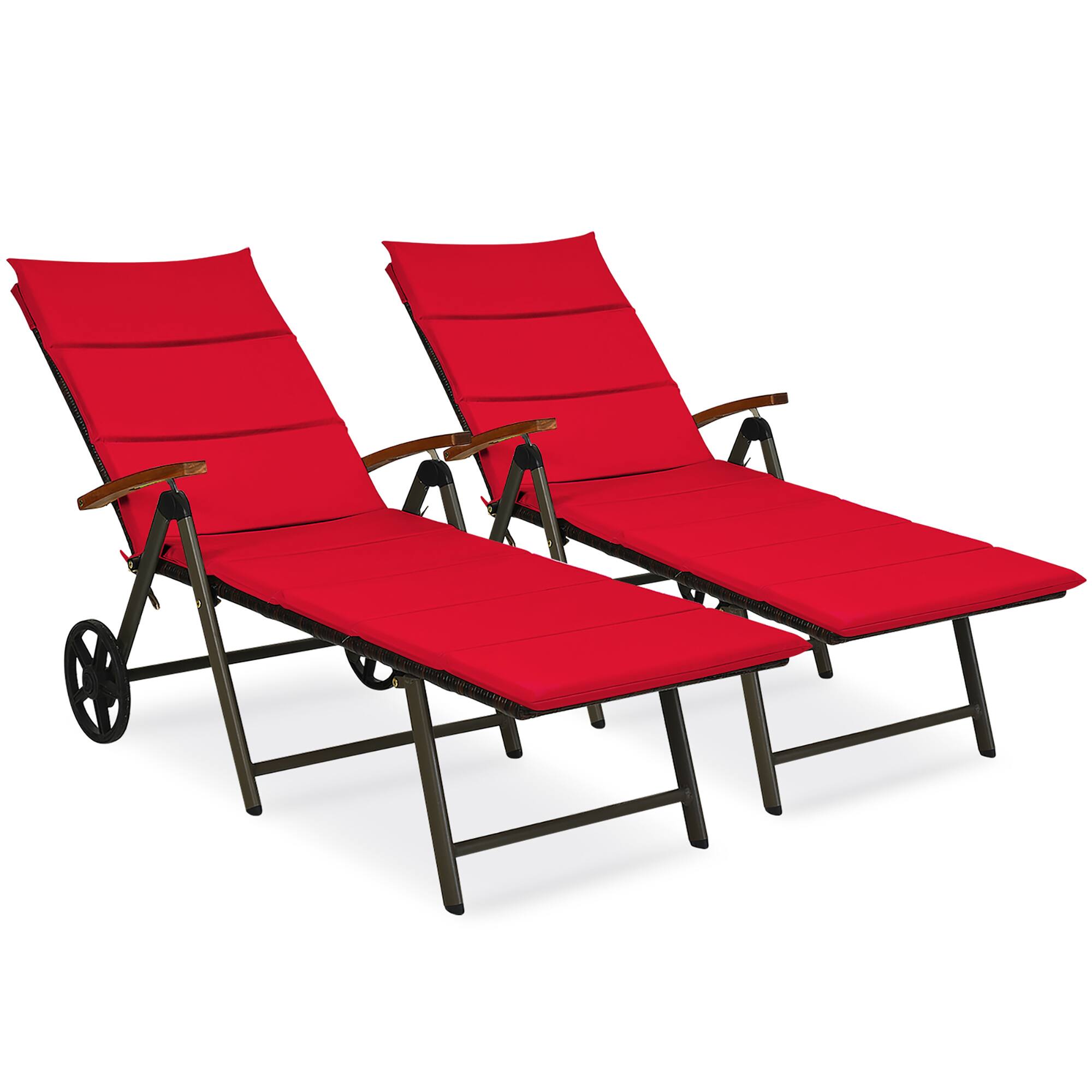 Front. Costway - 2PCS Aluminum Rattan Lounger Recliner 5-Position Adjustable Chair - Red.