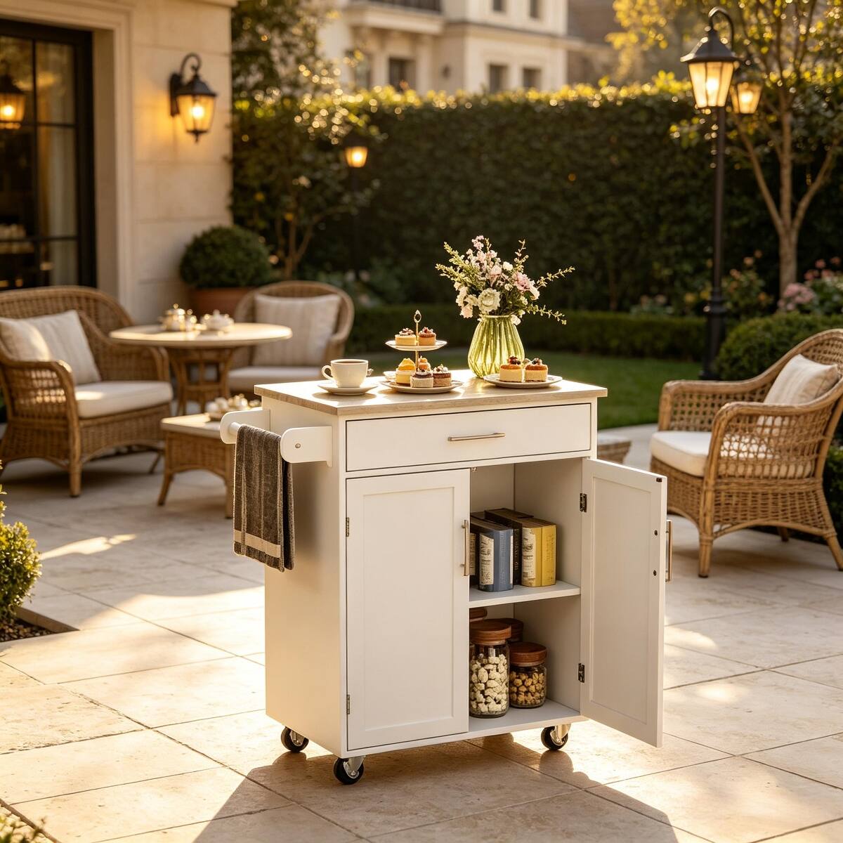 Front. Loheer - Loheer Mobile Kitchen Trolley with Storage Drawer White Rubberwood Top Rolling Kitchen Island Cart - White.