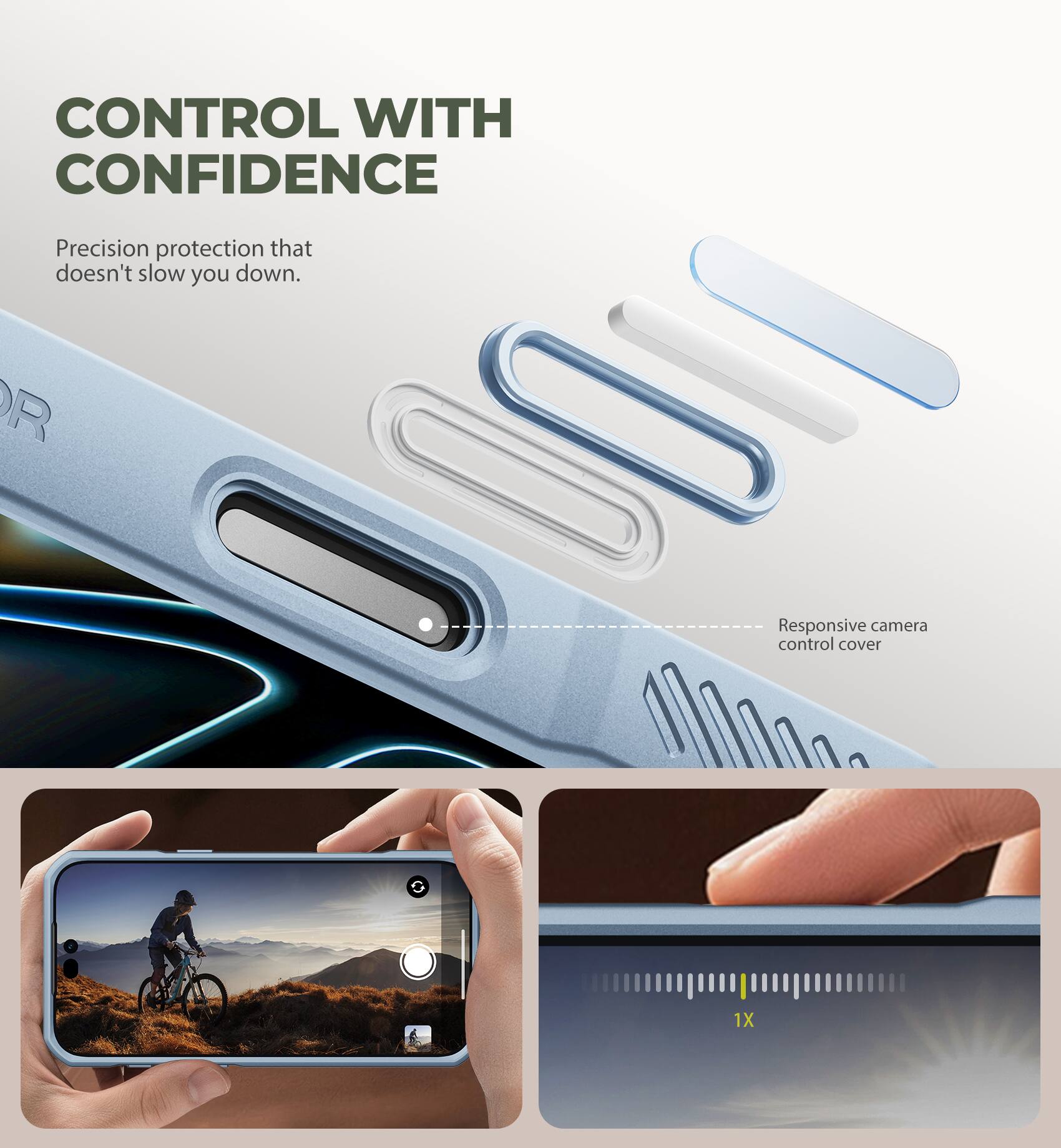 CONTROL WITH CONFIDENCE  
Precision protection that doesn't slow you down.  
Responsive camera control cover  
1X