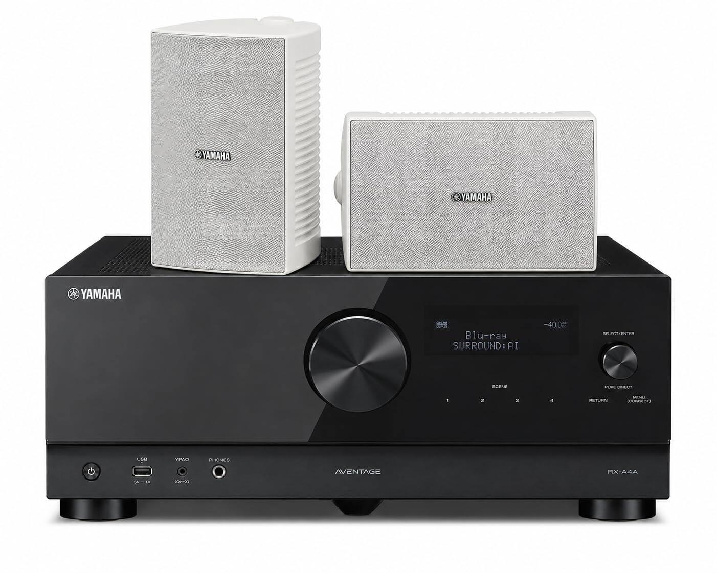 YAMAHA O YAMAHA YAMAHA IA Blu-ray SURROUND: AI 40.0 SELECT/ENTER SCENE 1 2 3 4 PURE DIRECT RETURN MANUAL (DISCONNECT) AVENAGE RX-A4A USB YPAO PHONES