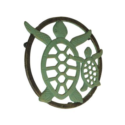 Front. Zeckos - Cast Iron Sea Turtle Trivet – Verdigris Finish, Bronze Accents, 8" Coastal Décor - Green.