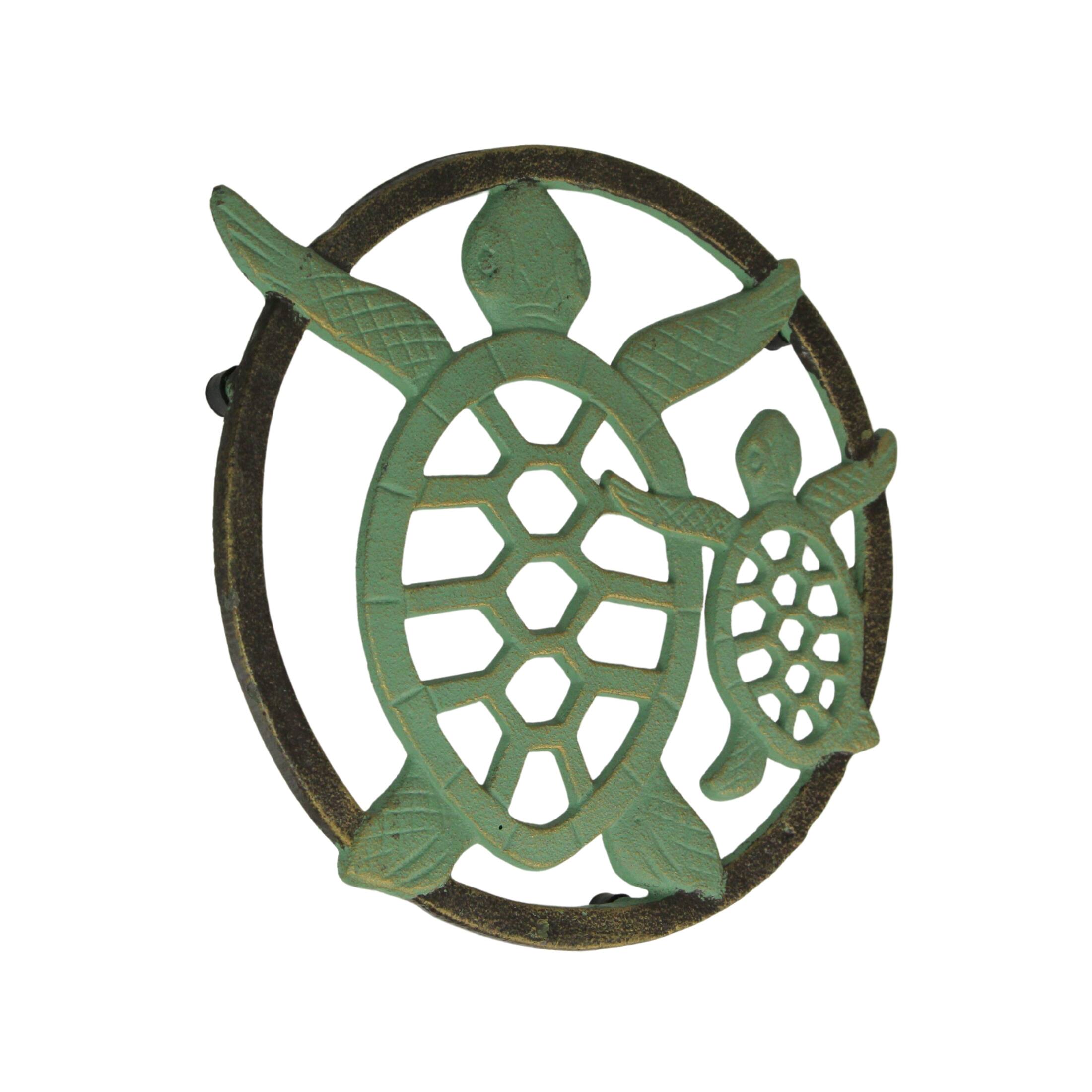 Front. Zeckos - Cast Iron Sea Turtle Trivet – Verdigris Finish, Bronze Accents, 8" Coastal Décor - Green.