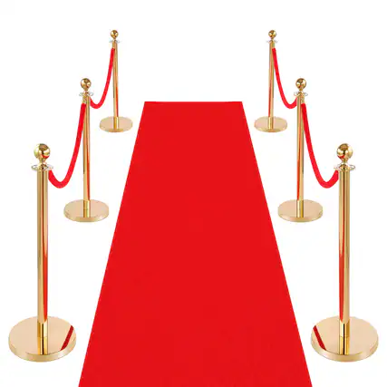 Front. VEVOR - Stanchion Post, 6 Pcs Crowd Control Barrier Set with Red Carpet, 4 Red Velvet Ropes, Stainless Steel Gold Stanchion Post - Red velvet rope.