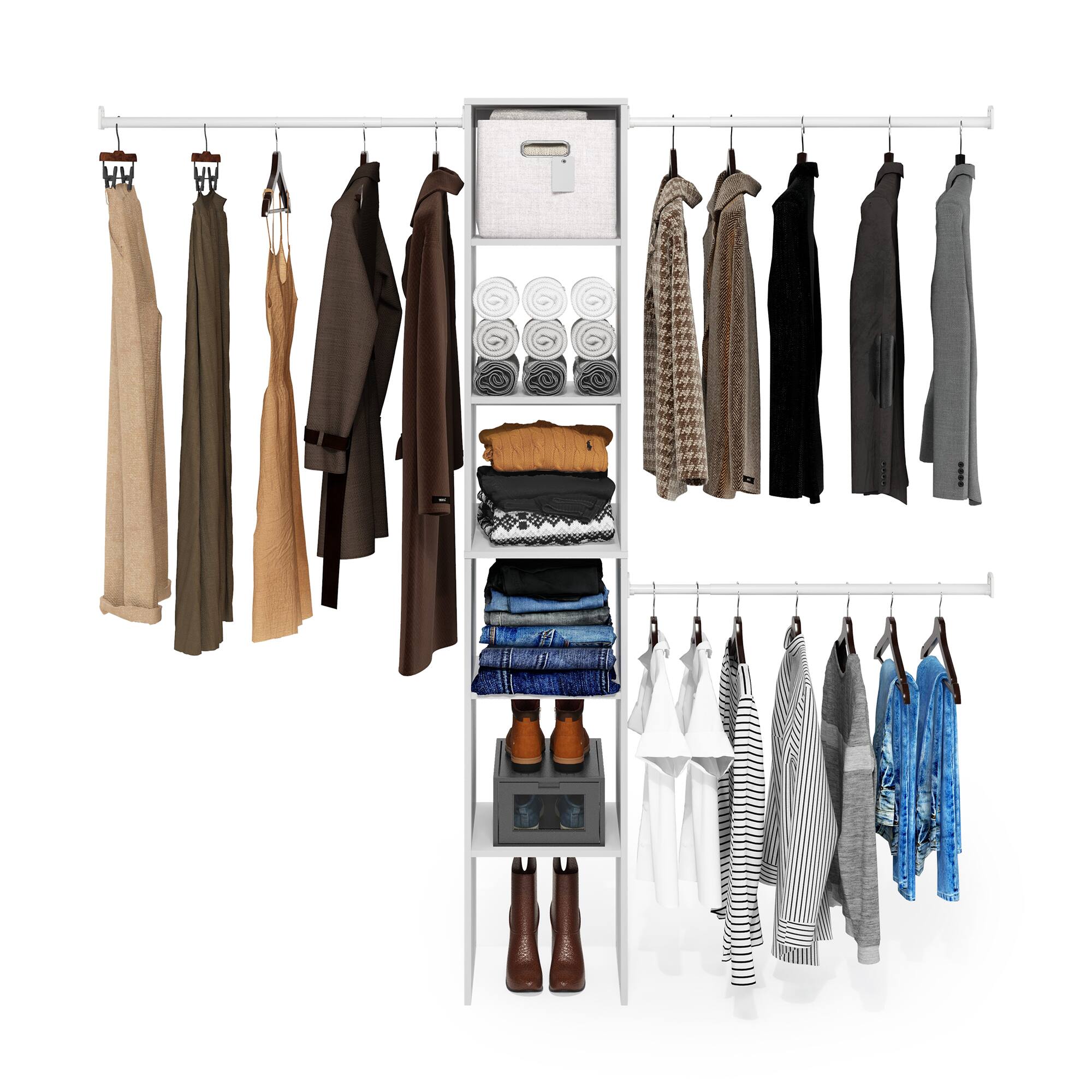 Alt View 4. Furinno - Fano Clothing & Closet Storage Organizer Shelf Tower with 3 Hanging Bars - White.