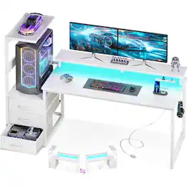 Hirose Alice - Gaming Desk With Usb Charging Ports & Led Light- Reversible Computer Storage Shelves Monitor Stand Modern Gam - Carbon Fiber White