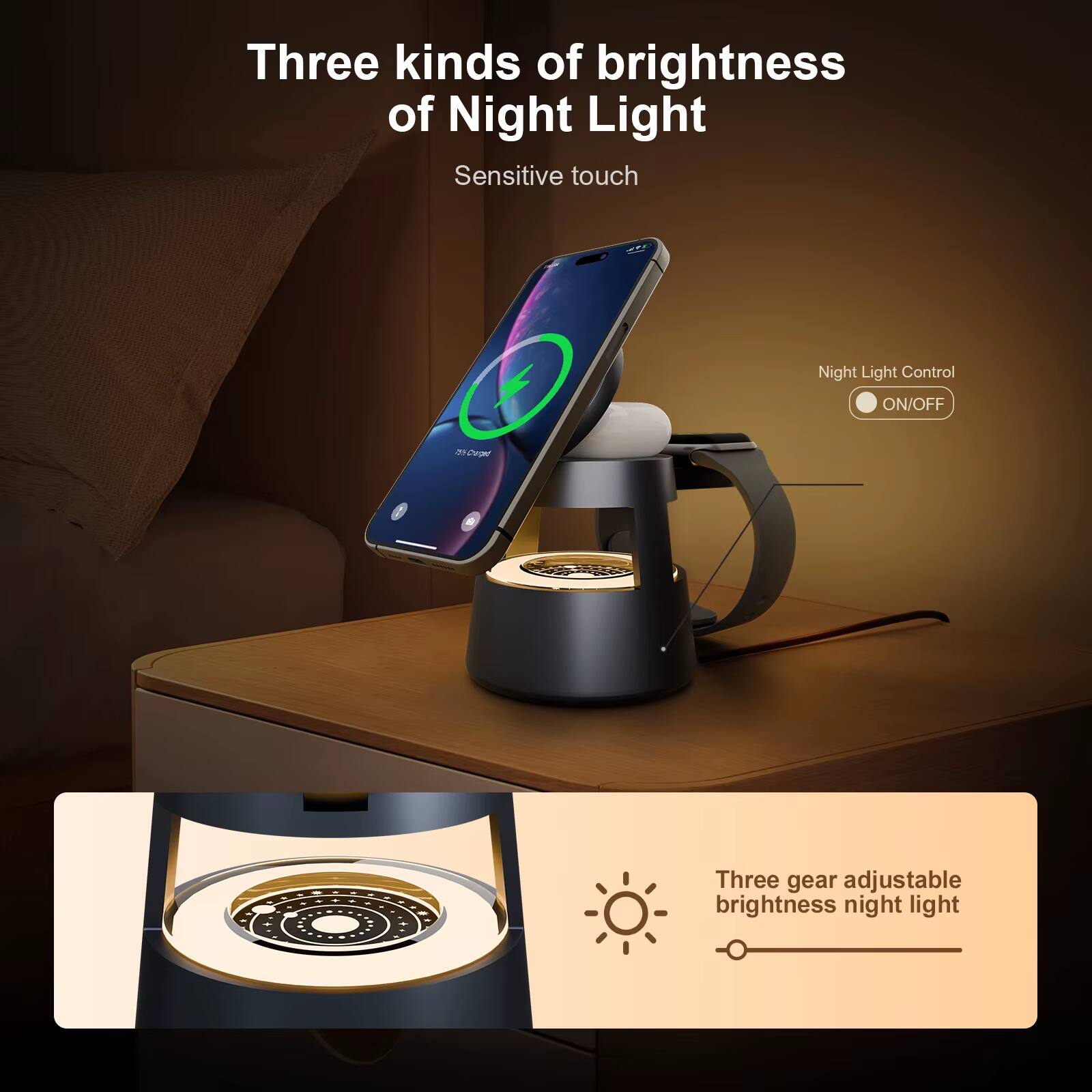Three kinds of brightness of Night Light  
Sensitive touch  
Night Light Control ON/OFF  
Three gear adjustable brightness night light