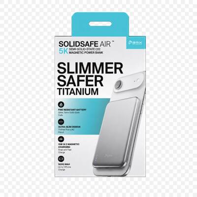 SOLIDSAFE AIR Pemx SEMI-SOLID-STATE CO2 5K MAGNETIC POWER BANK SLIMMER SAFER TITANIUM  
FIAT RESISTANT BATTERY Snrw Cols  
ULTRA SLIM DESIGN Thinner than #2 Pencil  
VSN 0 2 MAGNETIC CHARGING and Fast Charge  
5000 MAH Von liPhone Charge