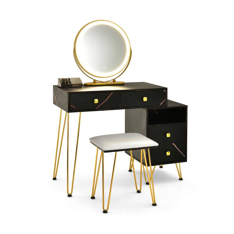 Front. WELLFOR - Modern Makeup Vanity Table Set with 3‑Color LED Lighted Mirror, Reversible Side Storage Cabinet,Jewelry Drawer - Black.