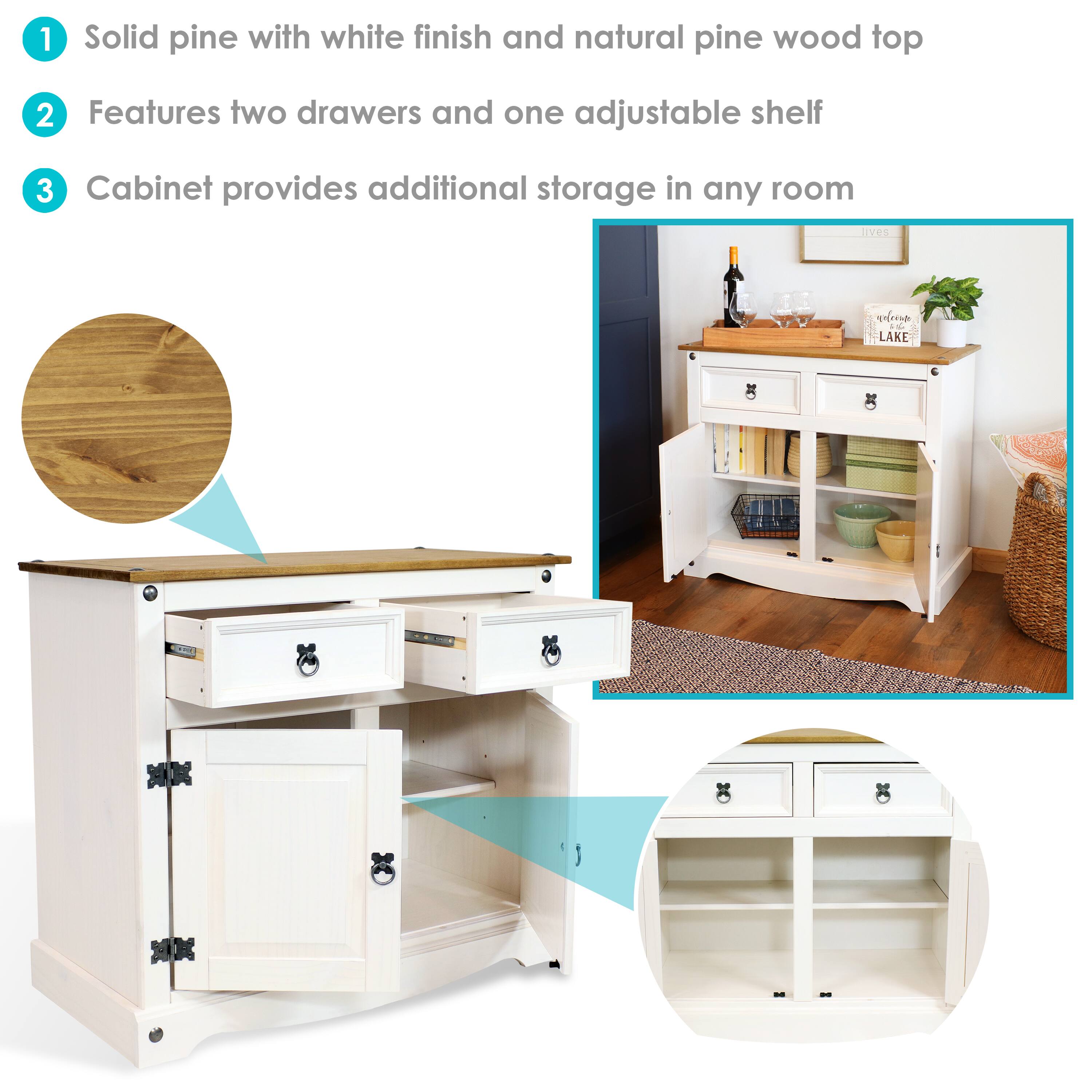 1. Solid pine with white finish and natural pine wood top  
2. Features two drawers and one adjustable shelf  
3. Cabinet provides additional storage in any room