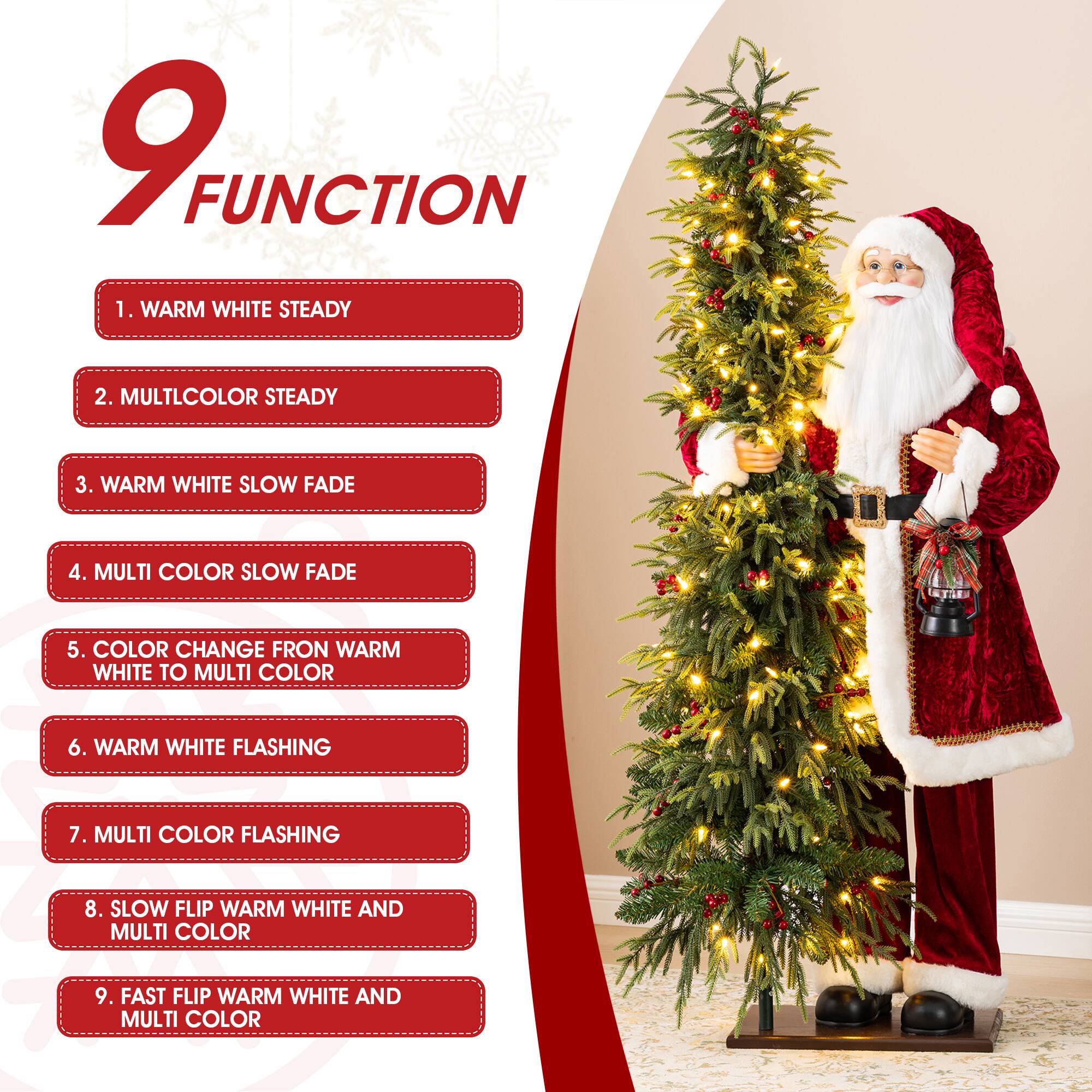 9 FUNCTION  
1. WARM WHITE STEADY  
2. MULTICOLOR STEADY  
3. WARM WHITE SLOW FADE  
4. MULTI COLOR SLOW FADE  
5. COLOR CHANGE FROM WARM WHITE TO MULTI COLOR  
6. WARM WHITE FLASHING  
7. MULTI COLOR FLASHING  
8. SLOW FLIP WARM WHITE AND MULTI COLOR  
9. FAST FLIP WARM WHITE AND MULTI COLOR