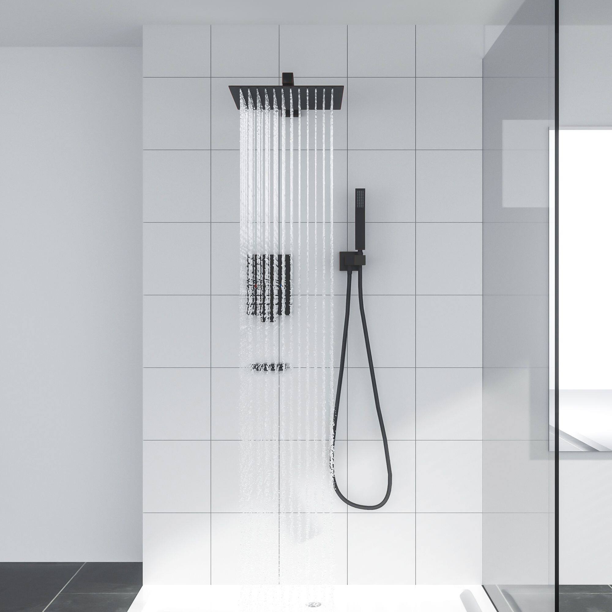 Left. Lordear - Shower System with Waterfall Tub Spout,12 Inch Wall Mounted Square Shower System with Rough-in Valve,Oil Rubber Bronze - Oil Rubber Bronze.