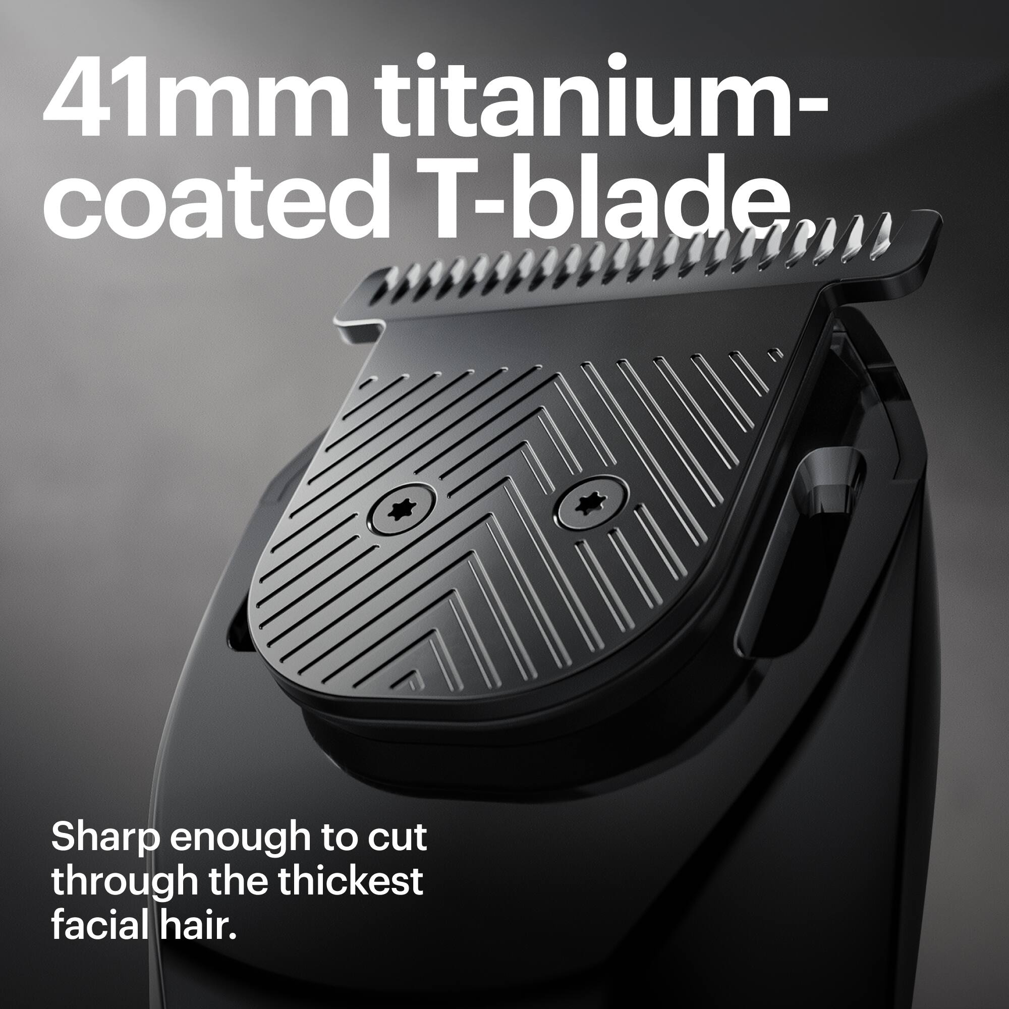 The text on the image reads: "41mm titanium-coated T-blade Sharp enough to cut through the thickest facial hair."