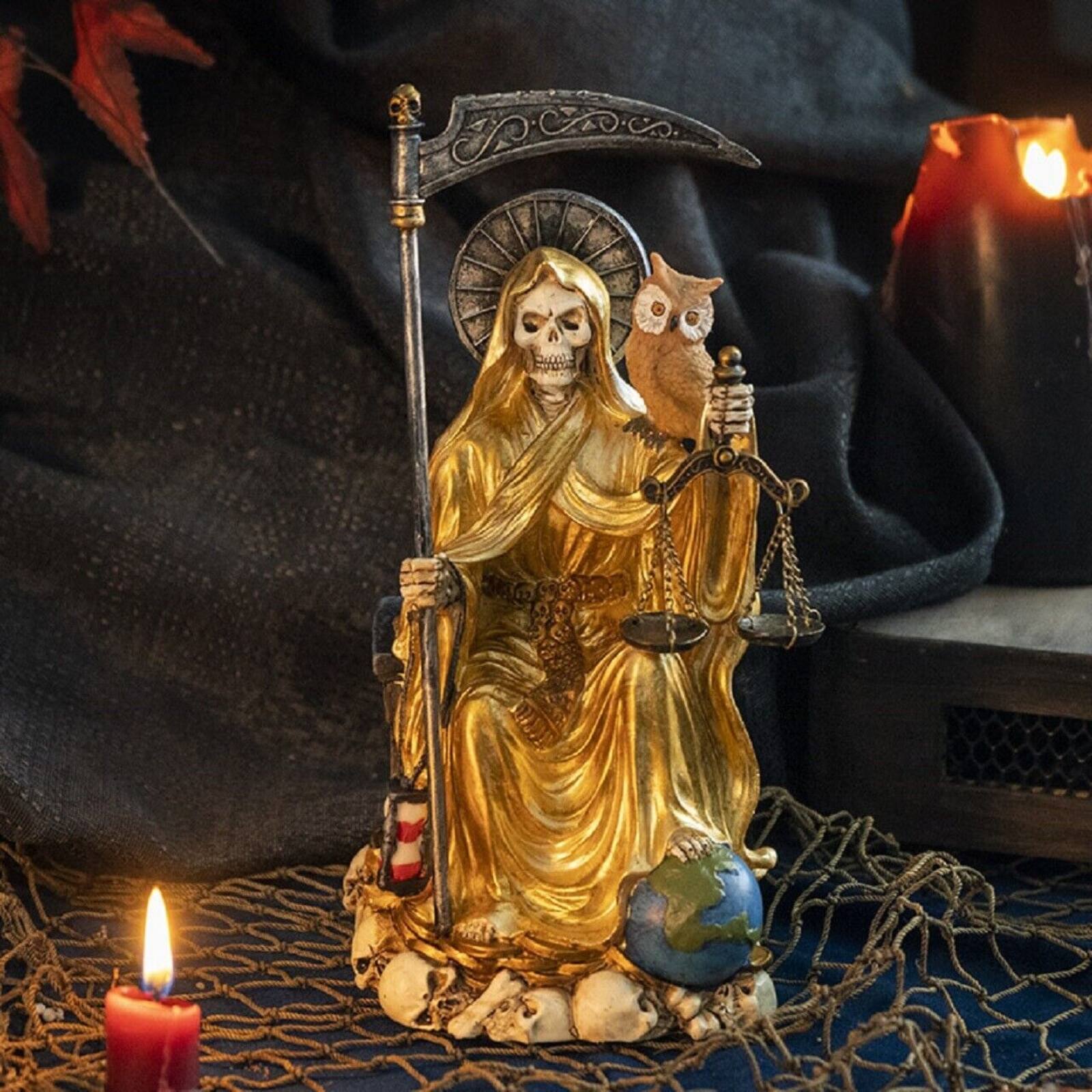 Alt View 1. Pacific Trading - Sitting Santa Muerte in Gold Gown with Owl and Scale Figurine 9 Inch.