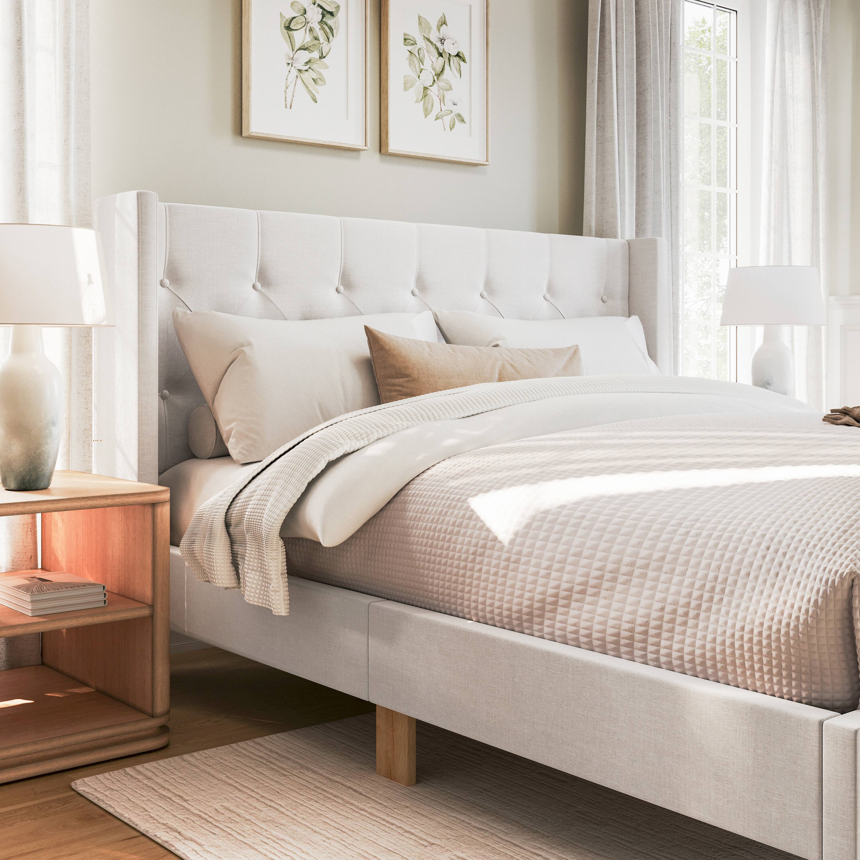 Alt View 4. Martha Stewart - Platform Bed with Tufted Wingback Headboard - White.