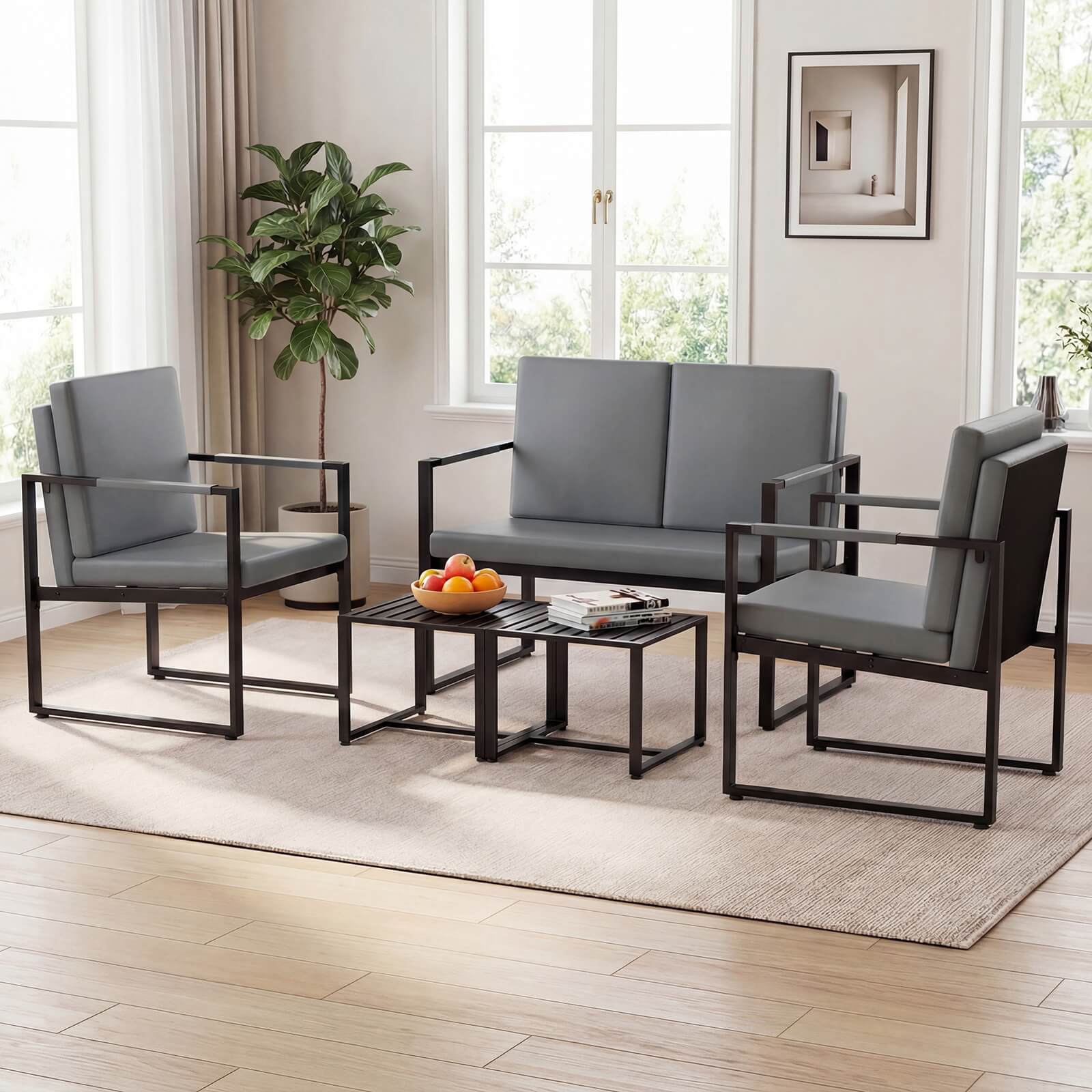 Alt View 3. Costway - Costway Modern Accent Chair Set of 2 PU Leather Upholstered Armchairswith Solid Metal Fram - Gray + Black.