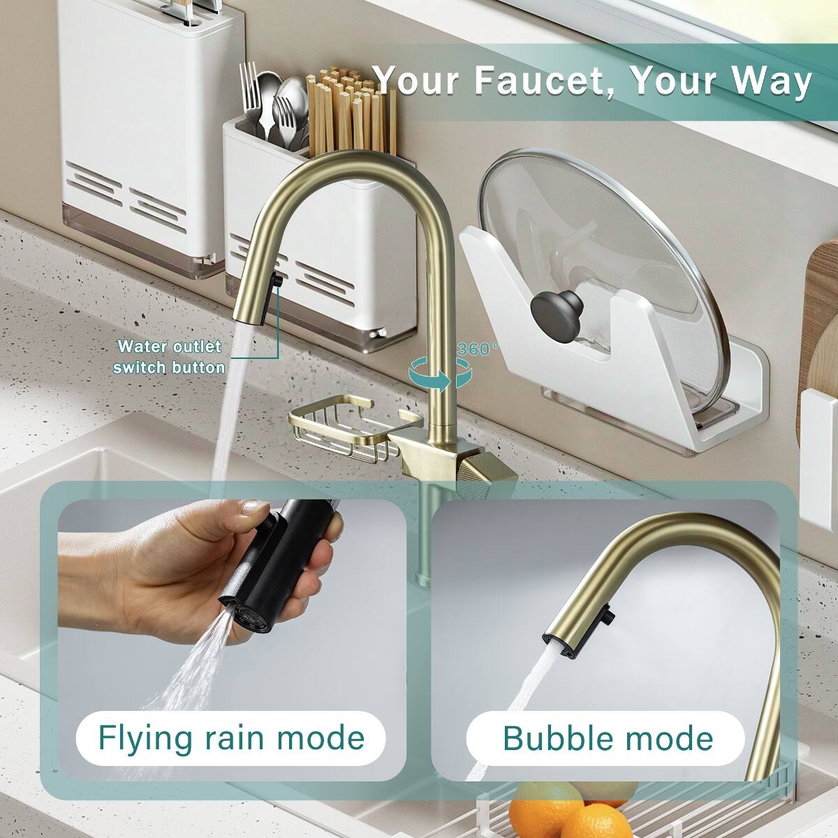 Your Faucet, Your Way

Water outlet switch button

360°

Flying rain mode

Bubble mode