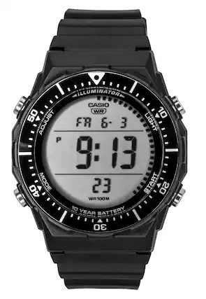 ILLUMINATOR CASIO WR 10 50 ADJUST FR 6-3 LIGHT P 9:13 40 MODE 23 START 20 WR 100 M 10 BATTERY YEAR 30