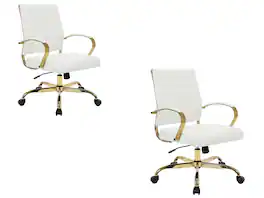 LeisureMod - (Set of 2) Benmar Leather Office Chair with Gold Accents, Adjustable Height, Swivel Ergonomic Design for Home Office - White