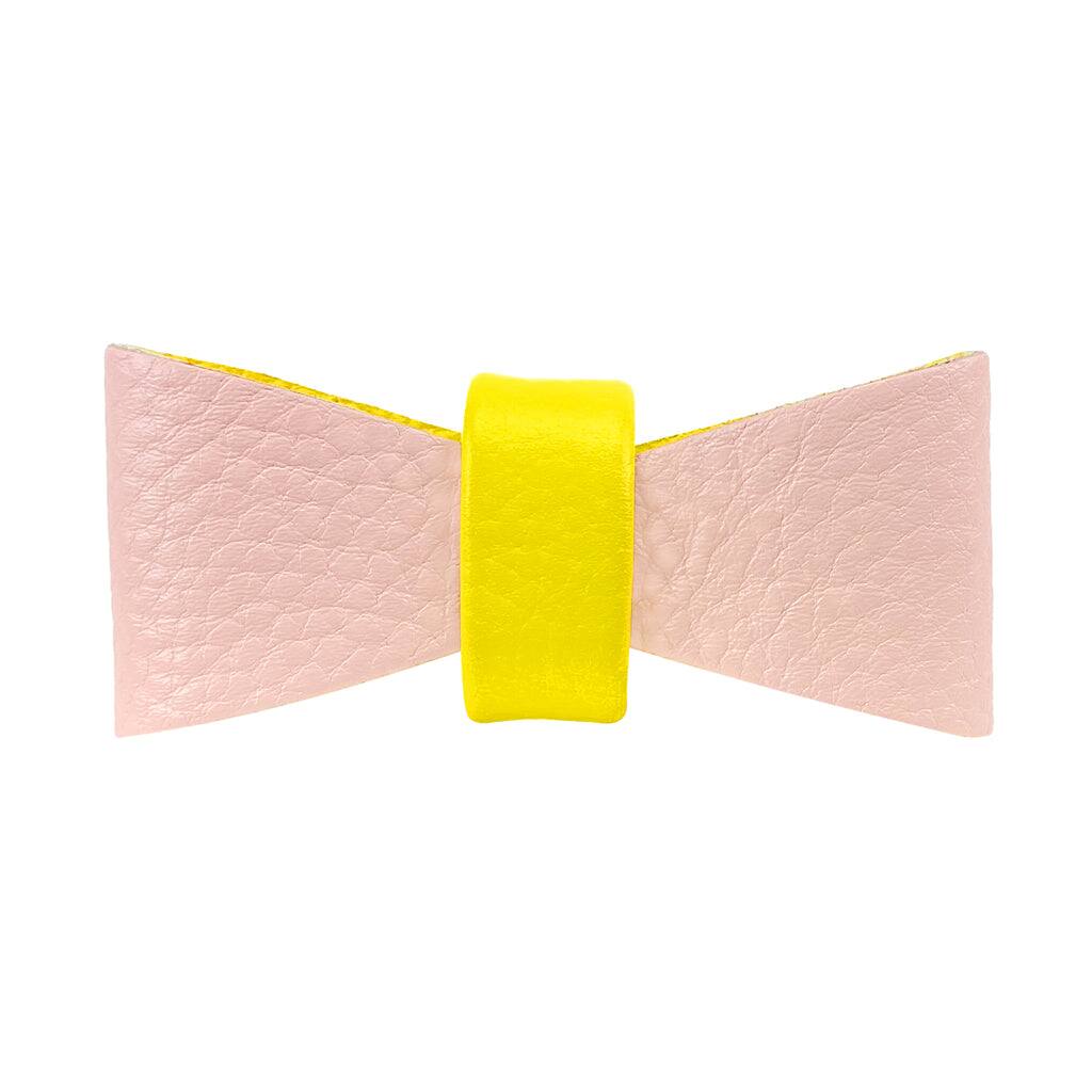 Front. PoisePup - Cute Handmade Genuine Soft Full Grain Leather Dog Bow Tie - Light Pink | Yellow.
