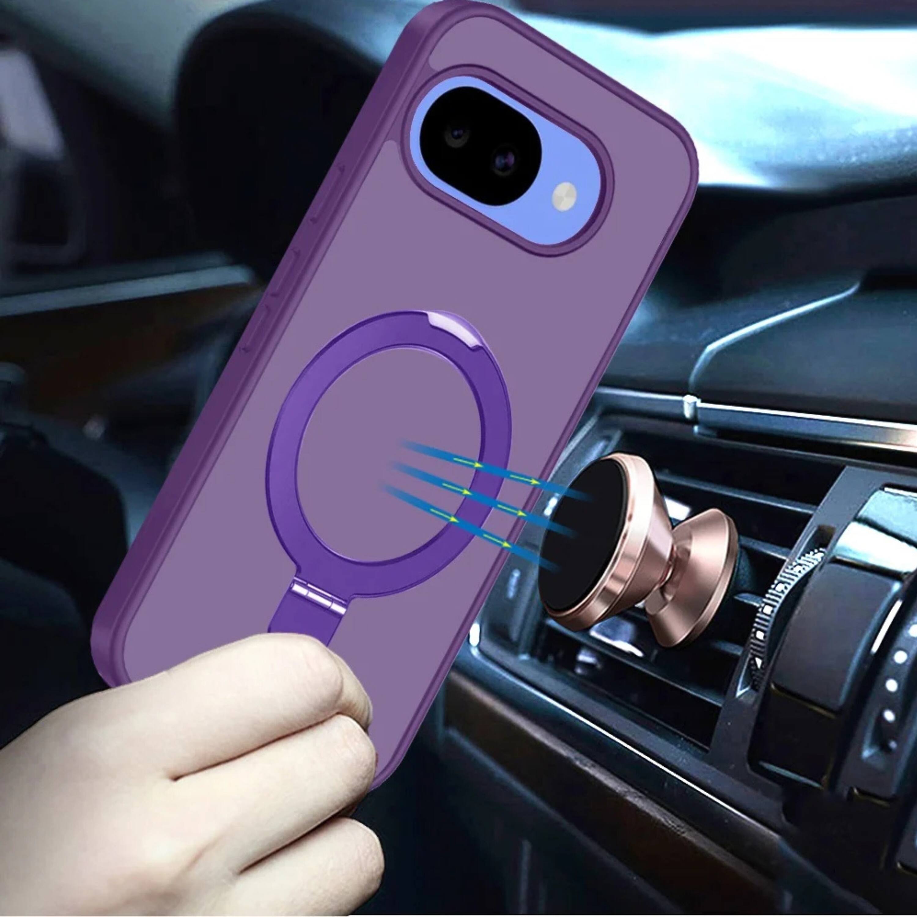 Angle. Kitcheniva - Matte Finish Metal Circle Ring Stand Rugged Cover Phone Case With Tempered Glass For Google Pixel 10a Dark Purple - Purple.