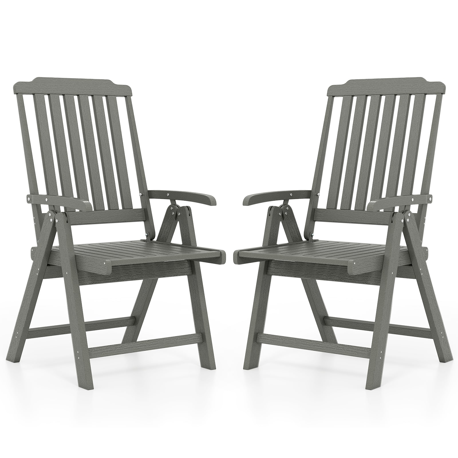 Gymax - 2PCS Foldable Patio Chair w/Armrest Curved Back Slatted Seat for Backyard Deck - Gray