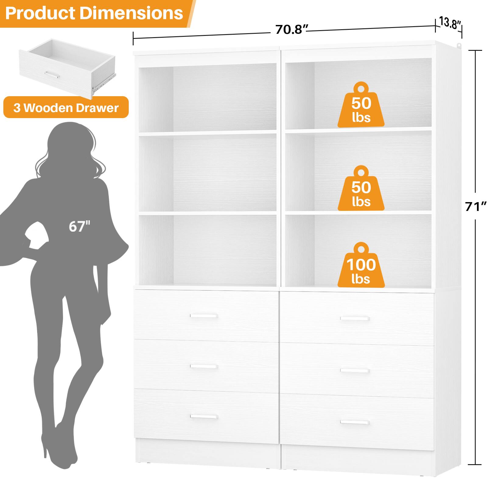 Product Dimensions: 70.8" x 13.8" x 67"  
3 Wooden Drawer  
50 lbs  
71"  
100 lbs